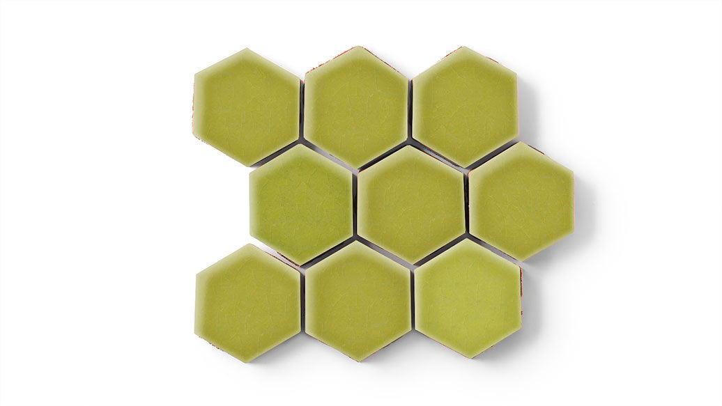 3" Hexagon Sheeted Original Ceramic Mosaic Tile in Palm Tree Gloss