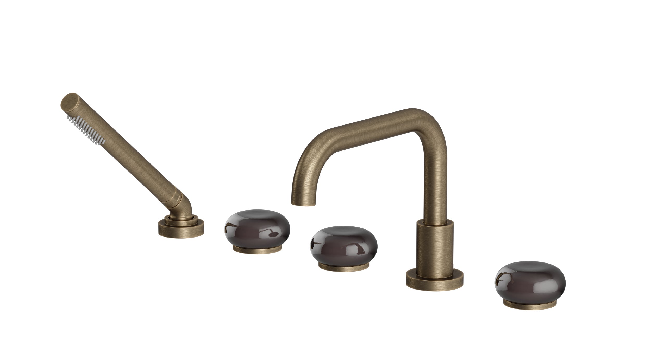 Foundry Three Handle Deck Mount Squaretop Bath Trim with Hand Shower and Pebble Ceramic Knob Handles in Antique Brass