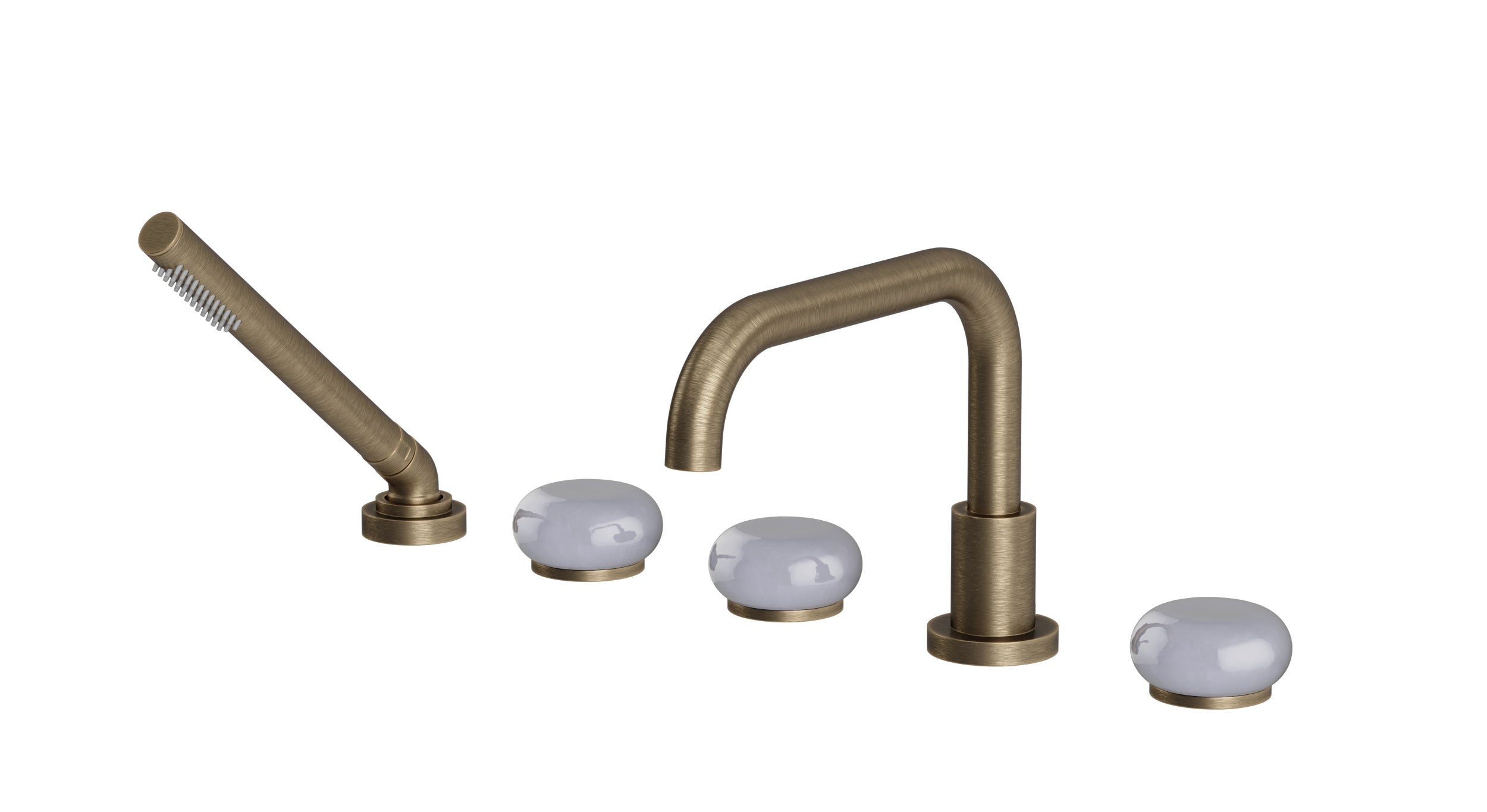 Foundry Three Handle Deck Mount Squaretop Bath Trim with Hand Shower and Pebble Ceramic Knob Handles in Antique Brass