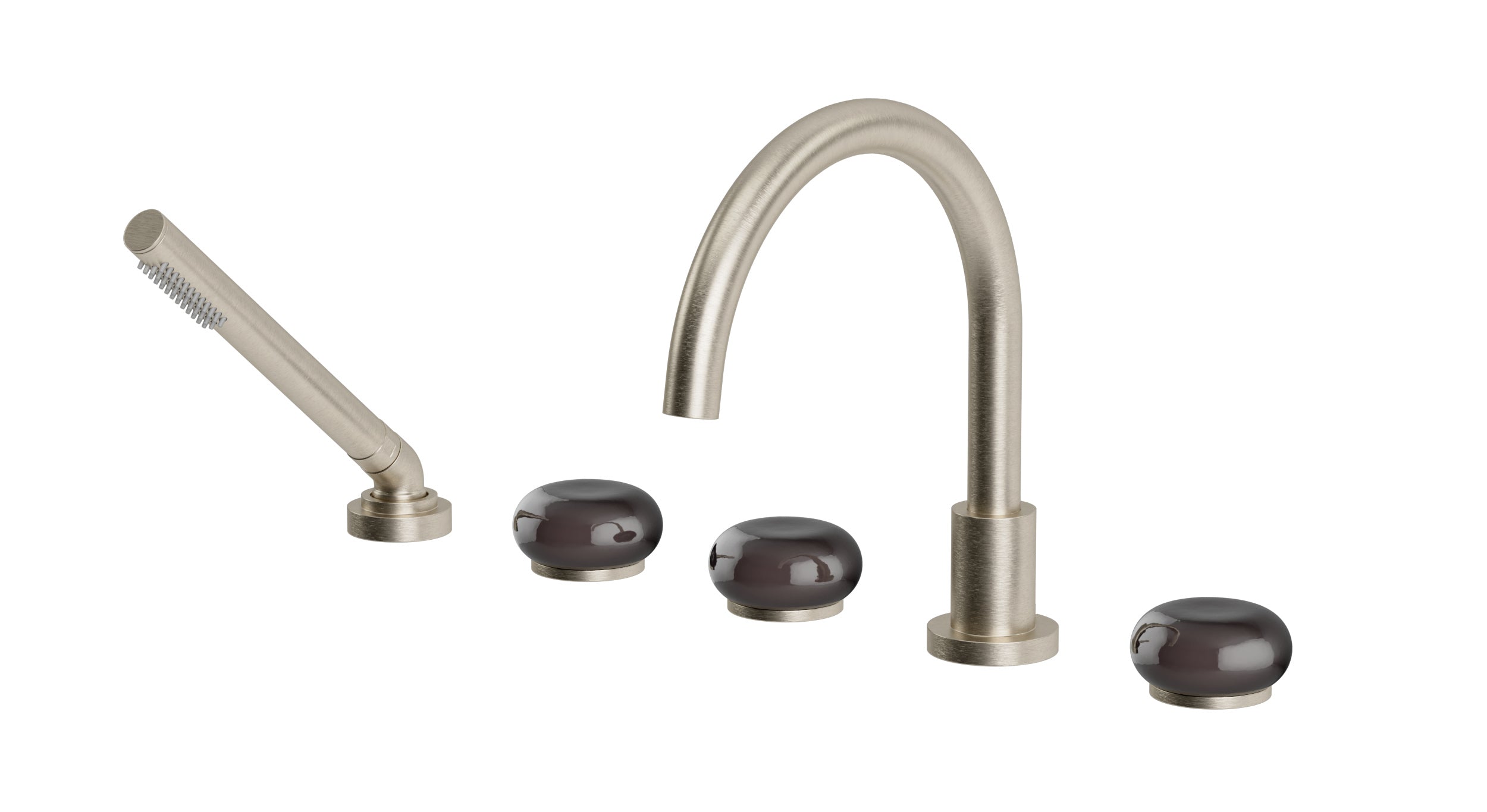 Foundry Three Handle Deck Mount Gooseneck Bath Trim with Hand Shower and Pebble Ceramic Knob Handles in Satin Nickel