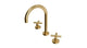 Contour Two Handle Deck Mount Gooseneck Lavatory Faucet with Soft Cross Handles in Satin Brass