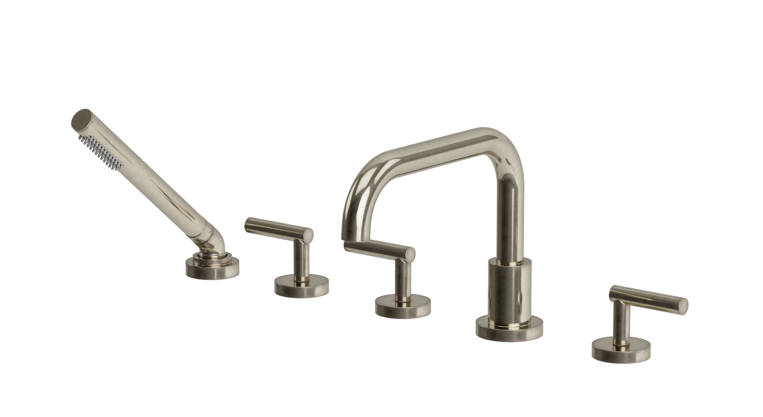 Contour Three Handle Deck Mount Squaretop Bath Trim with Hand Shower and Soft Lever Handles in French Nickel