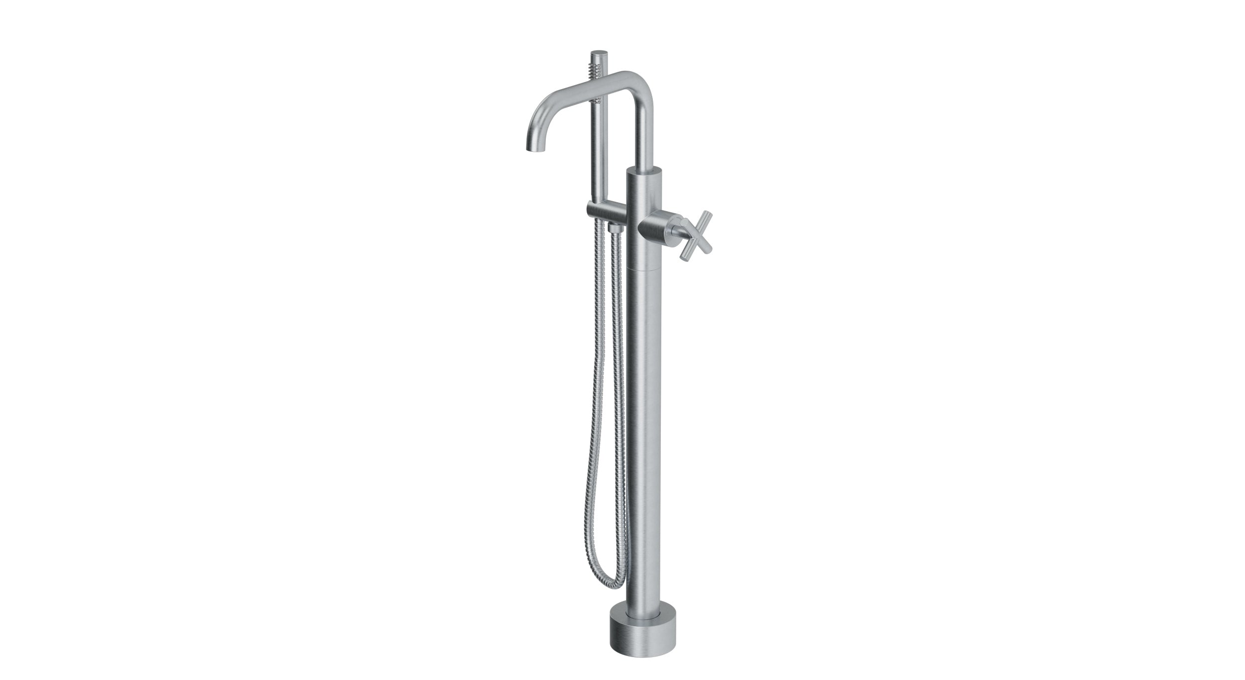 Contour One Handle Floor Mount Squaretop Bath Trim with Hand Shower and Soft Cross Handle in Satin Chrome