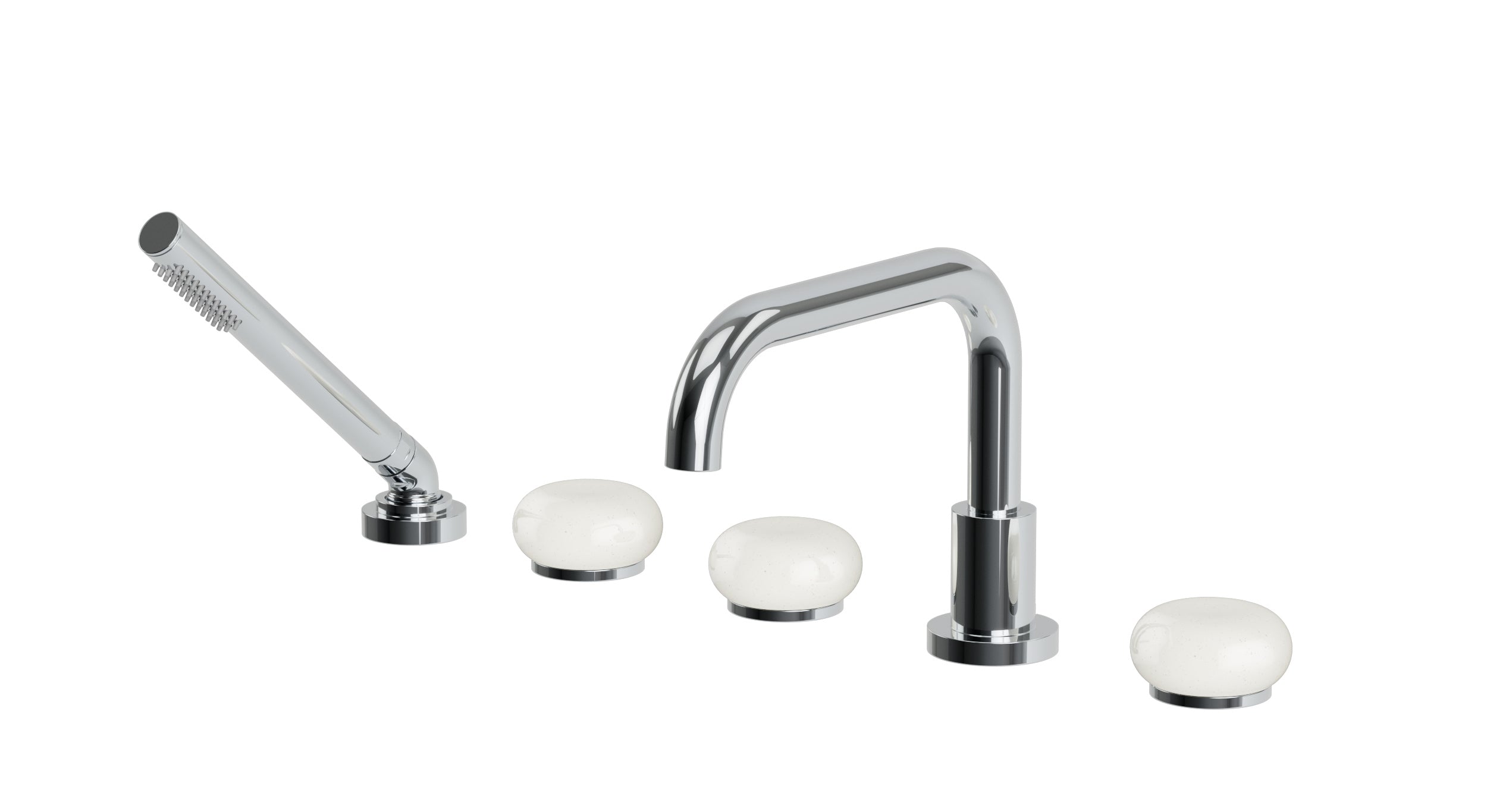 Foundry Three Handle Deck Mount Squaretop Bath Trim with Hand Shower and Pebble Ceramic Knob Handles in Polished Chrome