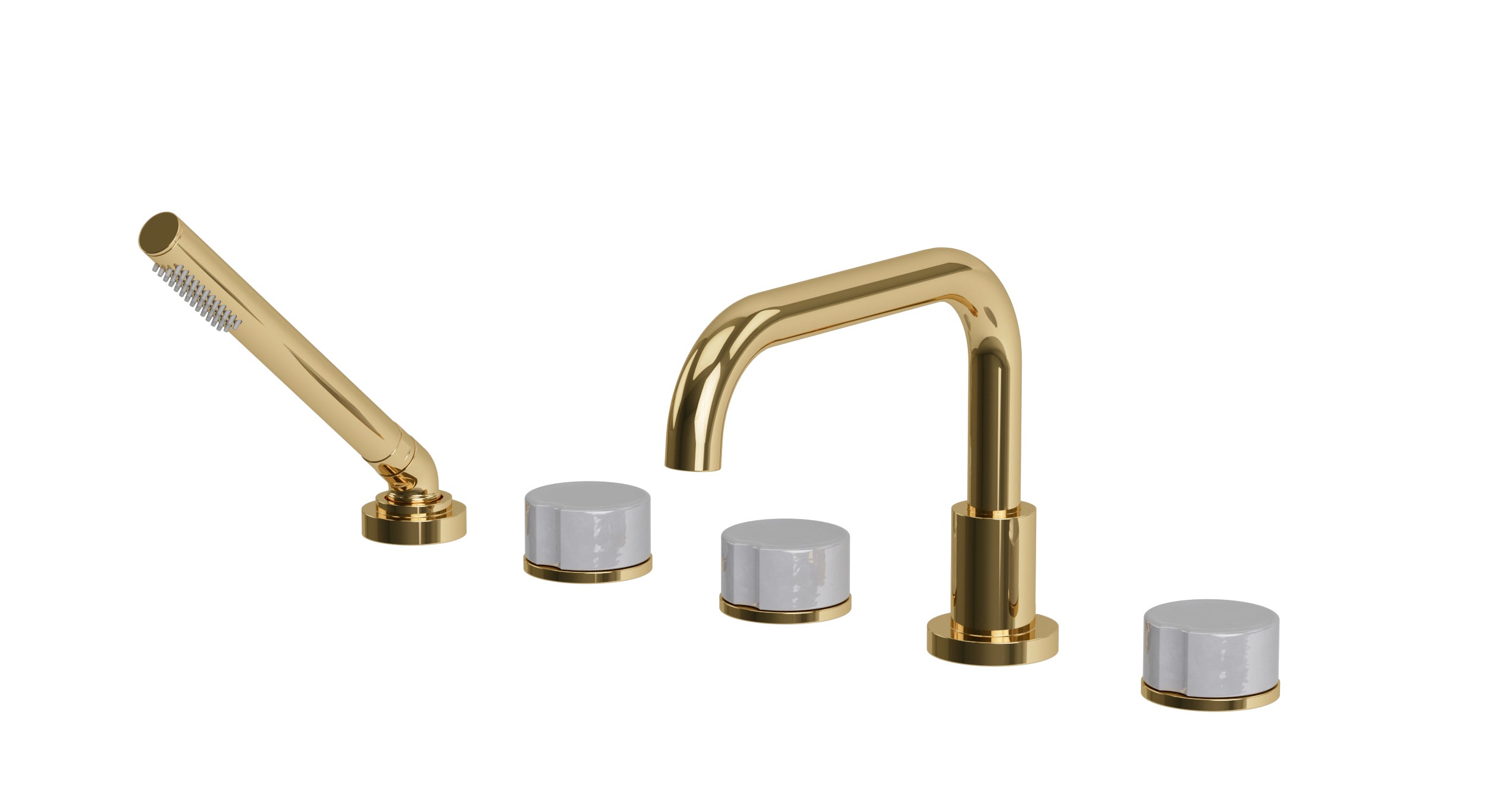 Foundry Three Handle Deck Mount Squaretop Bath Trim with Hand Shower and Groove Ceramic Knob Handles in Polished Brass