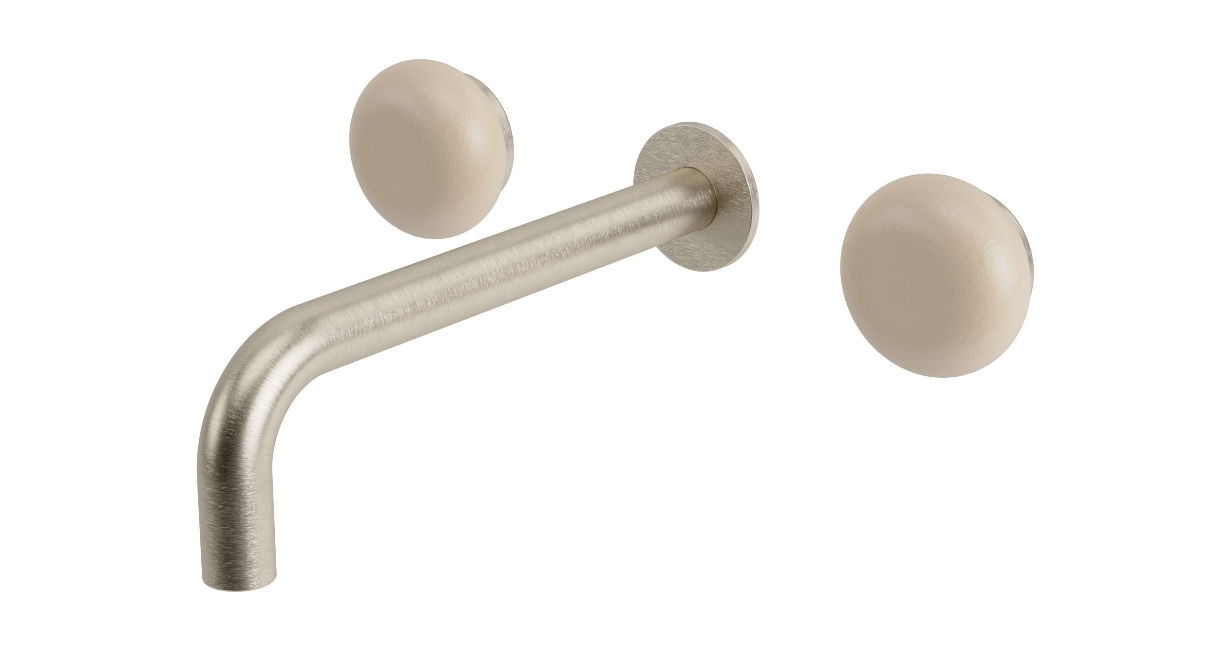 Foundry Two Handle Wall Mount 7.5" Lavatory Faucet with Pebble Ceramic Knob Handles in Satin Nickel