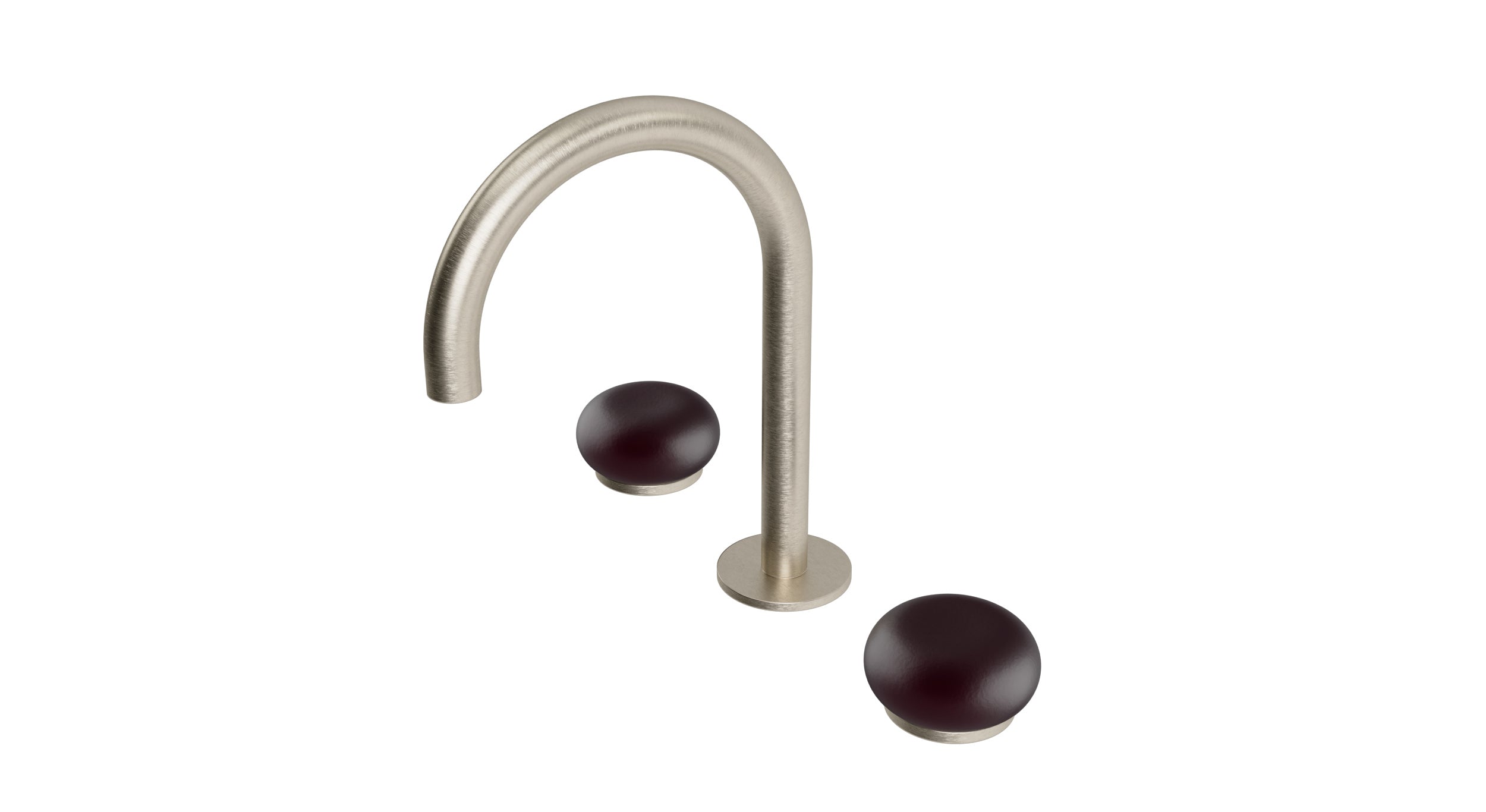 Foundry Two Handle Deck Mount Gooseneck Lavatory Faucet with Pebble Ceramic Knob Handles in Satin Nickel