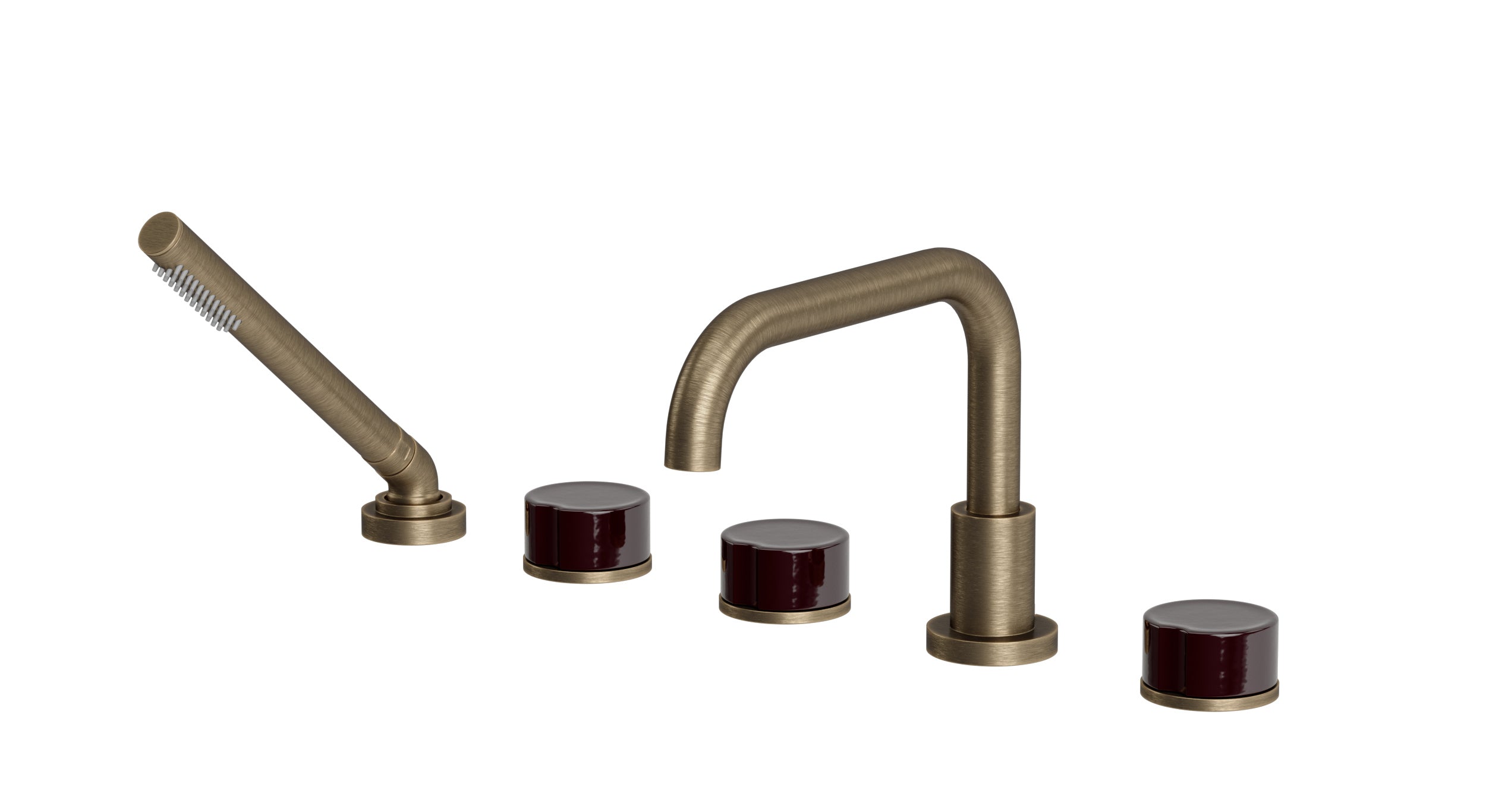 Foundry Three Handle Deck Mount Squaretop Bath Trim with Hand Shower and Groove Ceramic Knob Handles in Antique Brass
