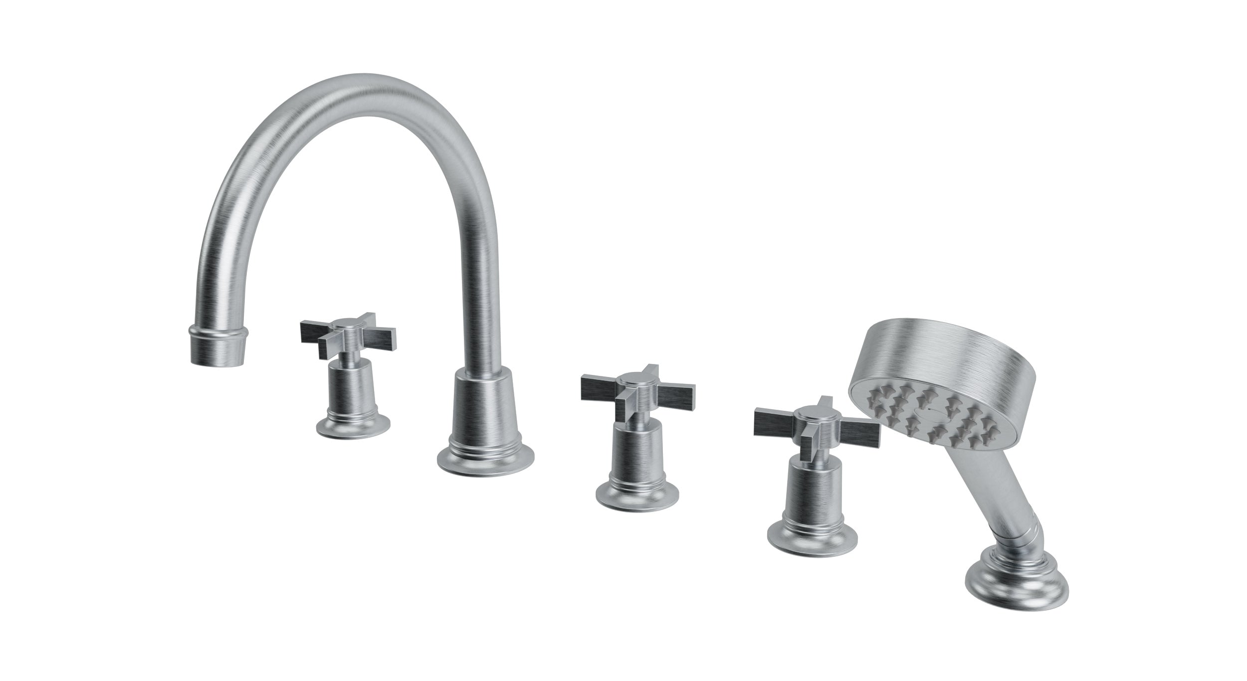 Emerson Three Handle Deck Mount Gooseneck Bath Trim with Hand Shower and Defined Cross Handles in Satin Chrome