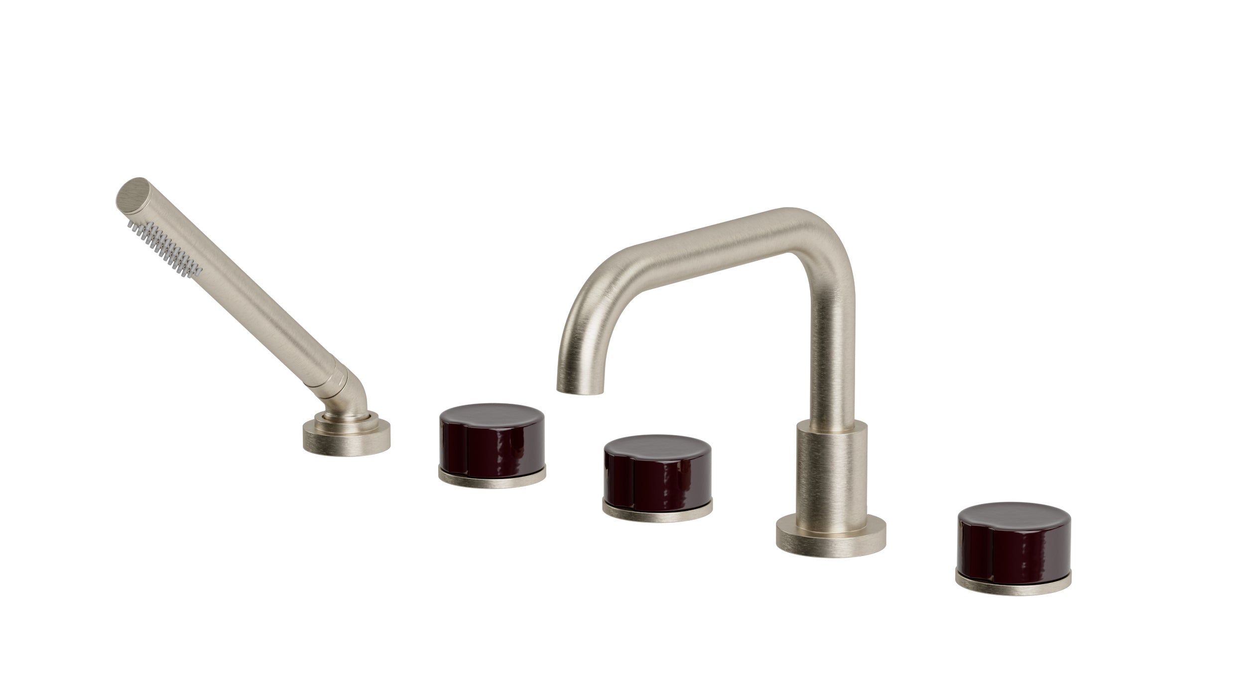 Foundry Three Handle Deck Mount Squaretop Bath Trim with Hand Shower and Groove Ceramic Knob Handles in Satin Nickel