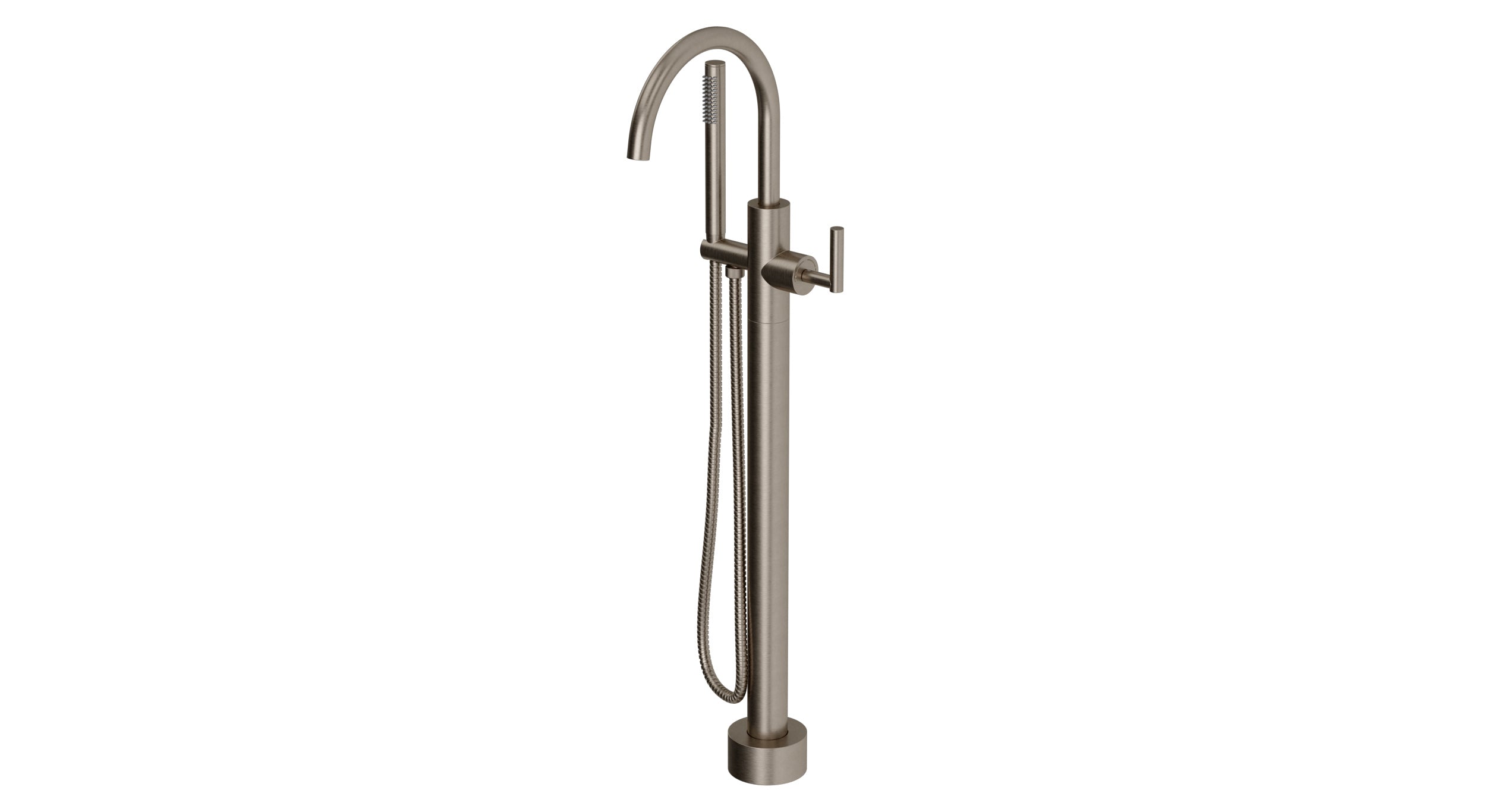 Contour One Handle Floor Mount Gooseneck Bath Trim with Hand Shower and Soft Lever Handle in Antique Nickel