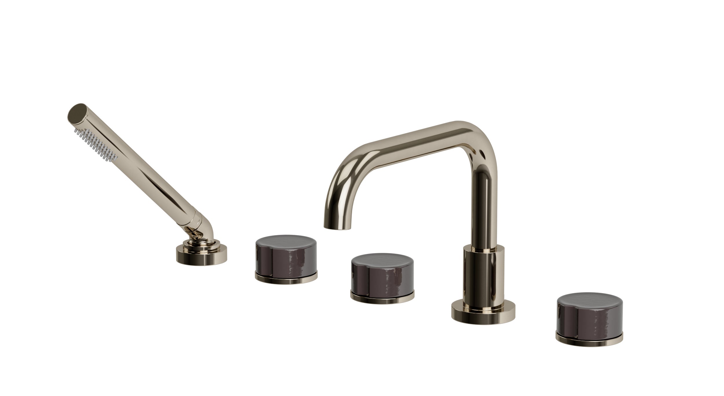 Foundry Three Handle Deck Mount Squaretop Bath Trim with Hand Shower and Groove Ceramic Knob Handles in Polished Nickel