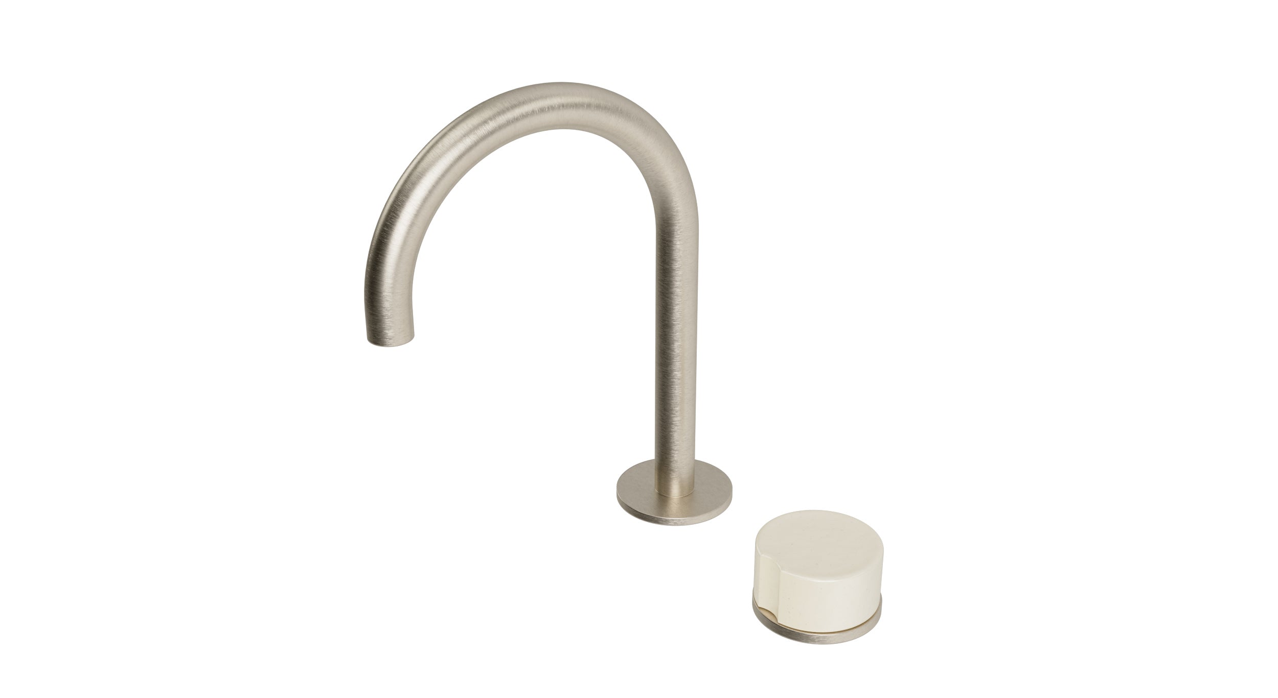 Foundry One Handle Deck Mount Gooseneck Lavatory Faucet with Groove Ceramic Knob Handle in Satin Nickel