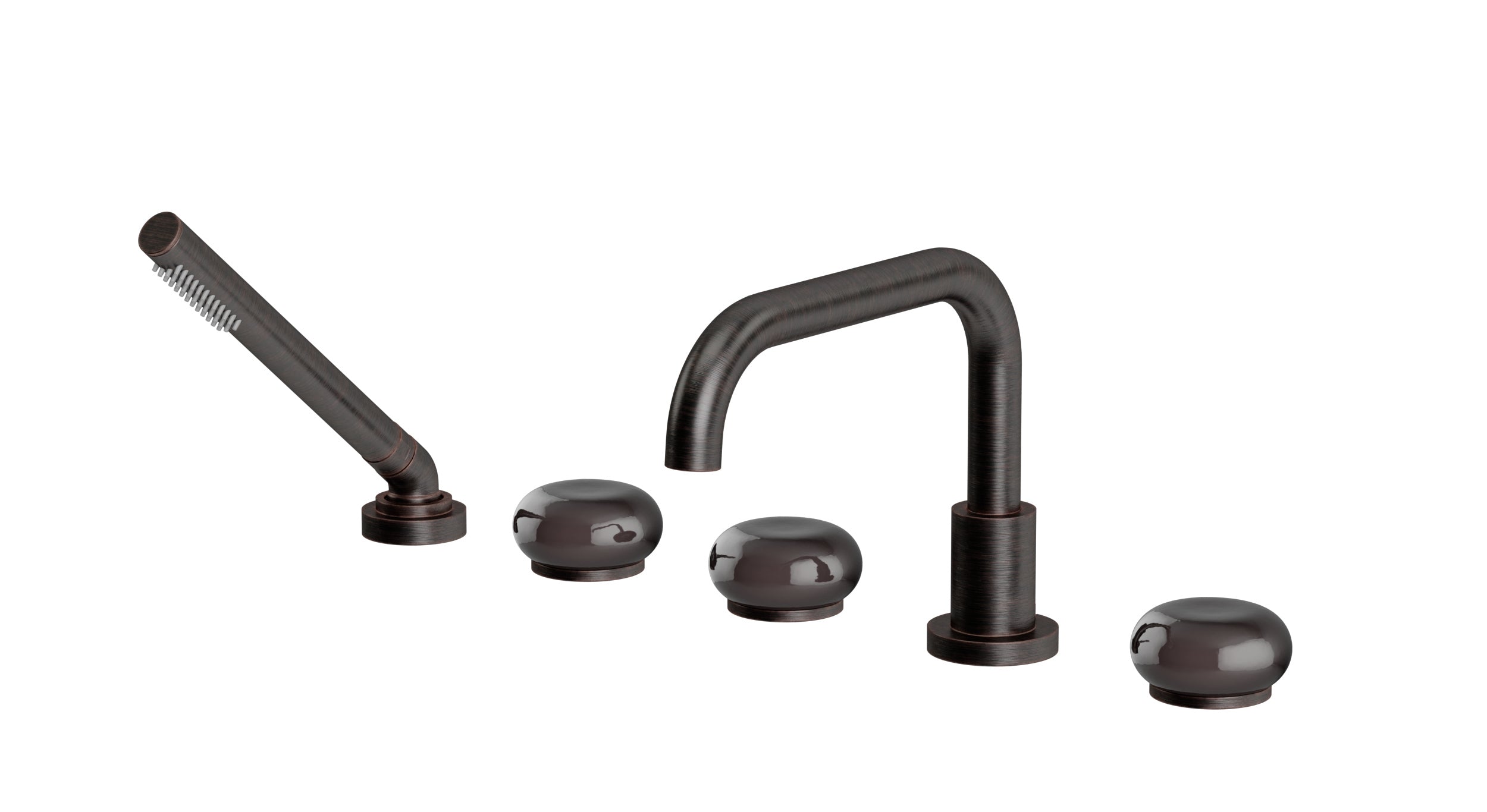 Foundry Three Handle Deck Mount Squaretop Bath Trim with Hand Shower and Pebble Ceramic Knob Handles in Antique Bronze