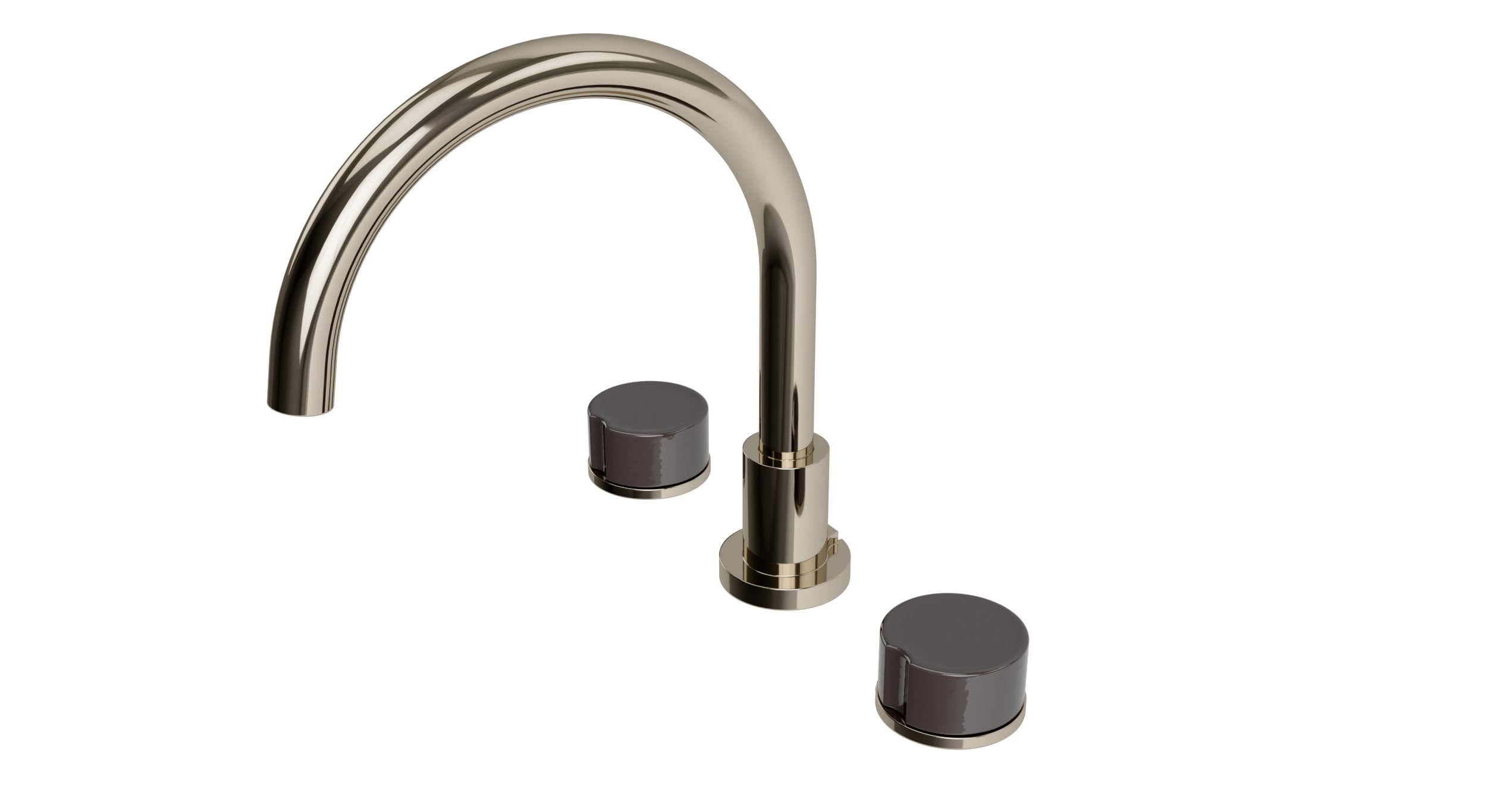 Foundry Two Handle Deck Mount Gooseneck Bath Trim with Groove Ceramic Knob Handles in Polished Nickel