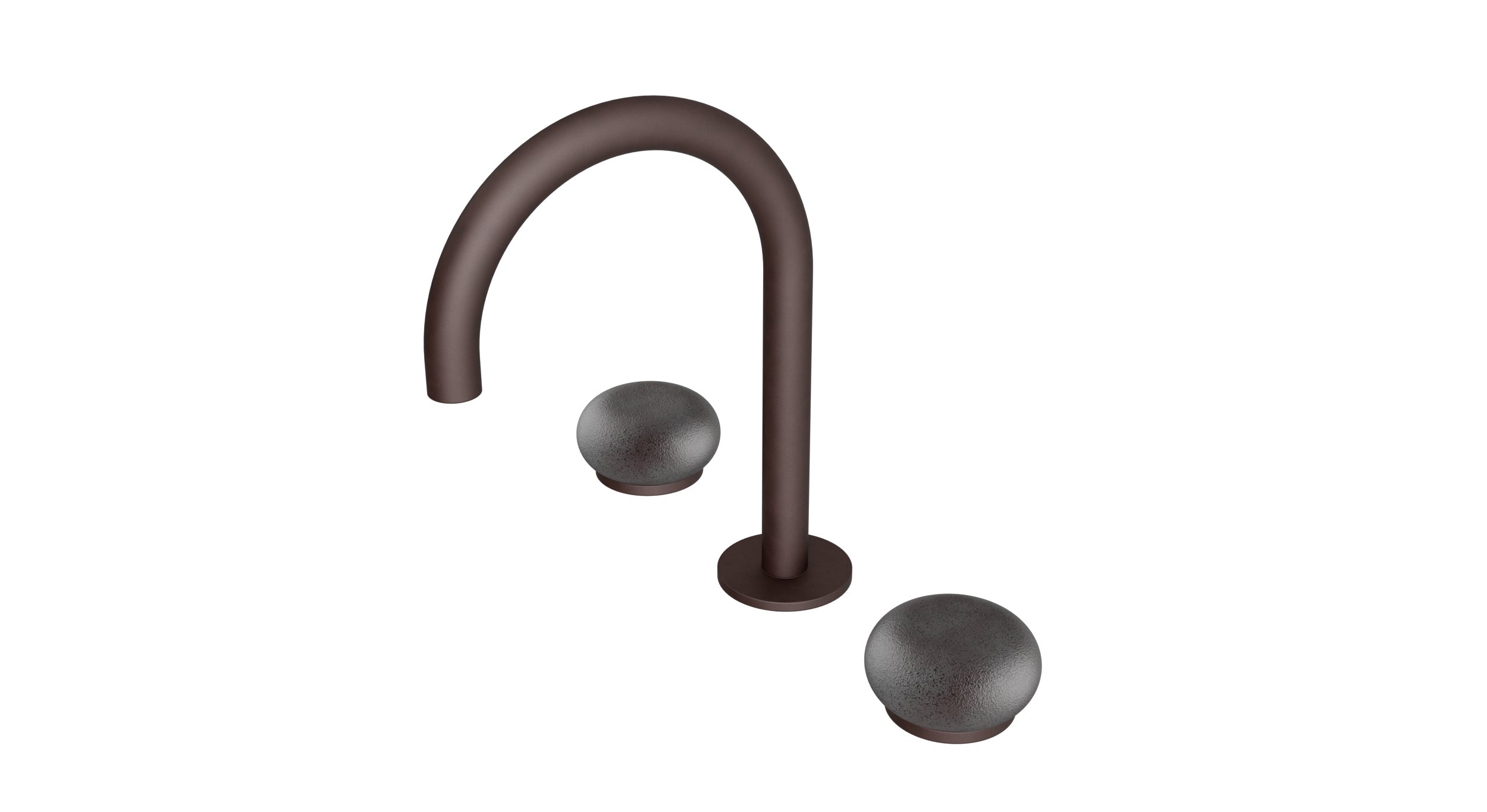 Foundry Two Handle Deck Mount Gooseneck Lavatory Faucet with Pebble Ceramic Knob Handles in Architectural Copper