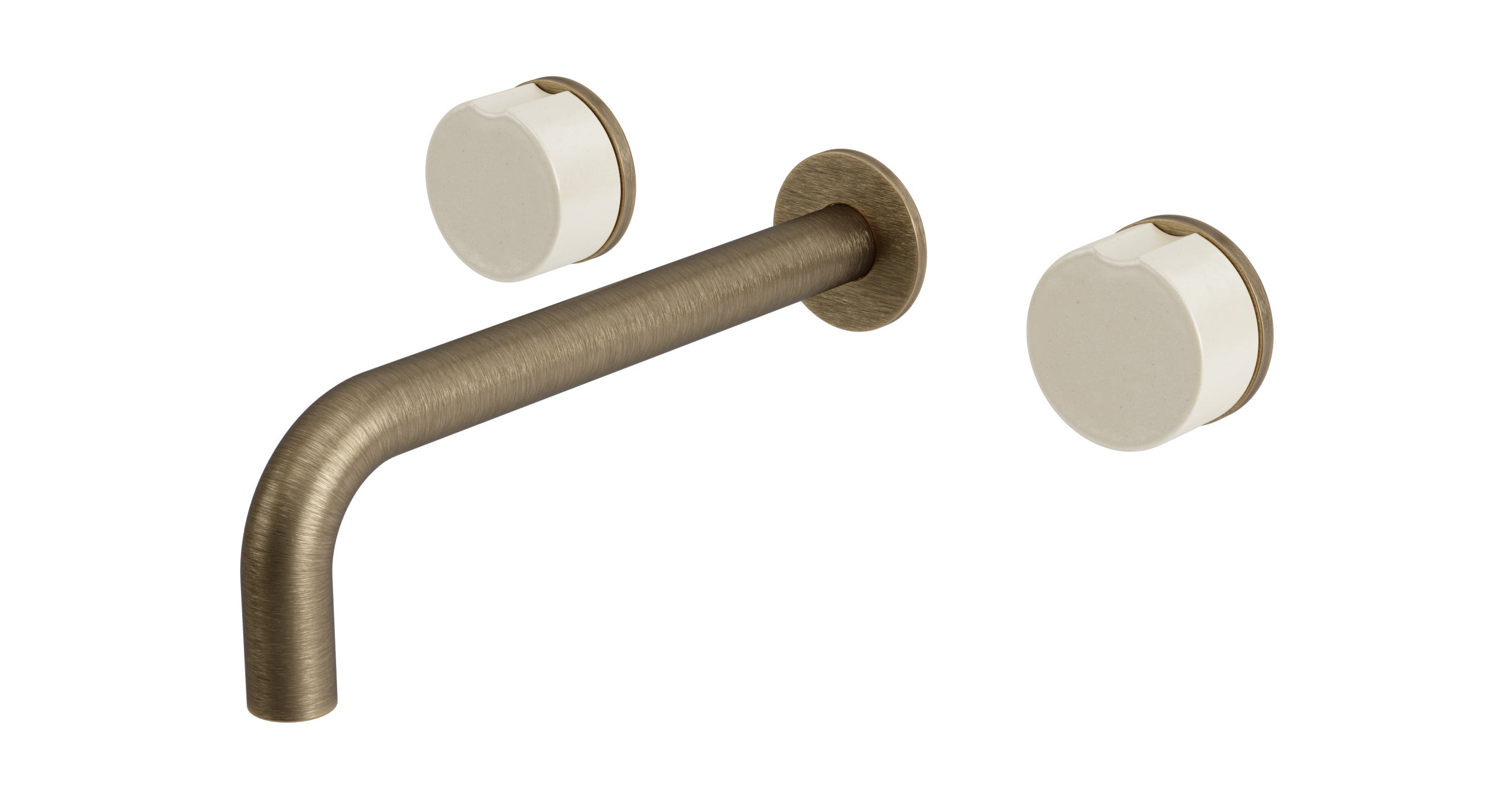 Foundry Two Handle Wall Mount 7.5" Lavatory Faucet with Groove Ceramic Knob Handles in Antique Brass