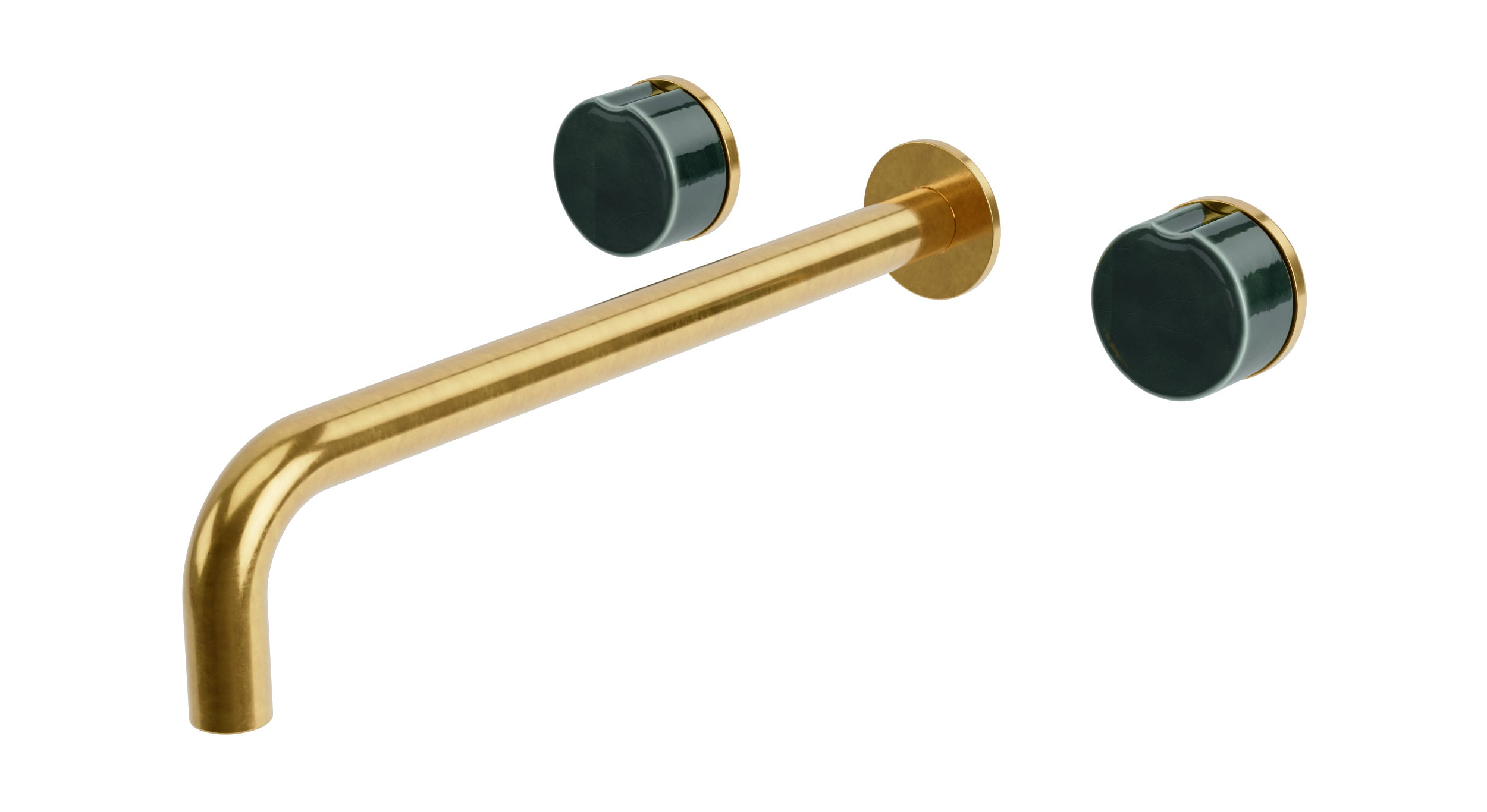 Foundry Two Handle Wall Mount 12" Lavatory Faucet with Groove Ceramic Knob Handles in French Brass