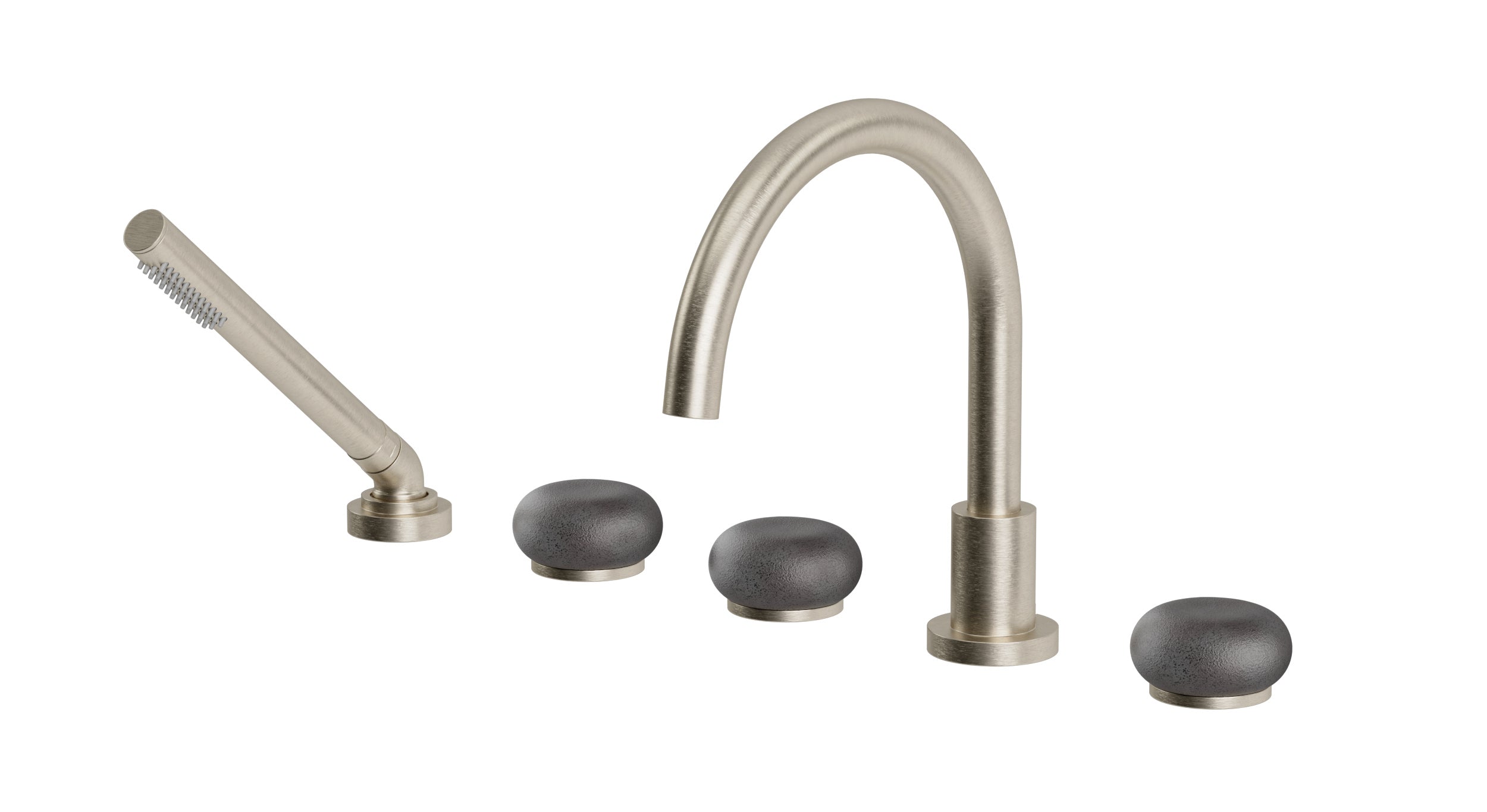 Foundry Three Handle Deck Mount Gooseneck Bath Trim with Hand Shower and Pebble Ceramic Knob Handles in Satin Nickel