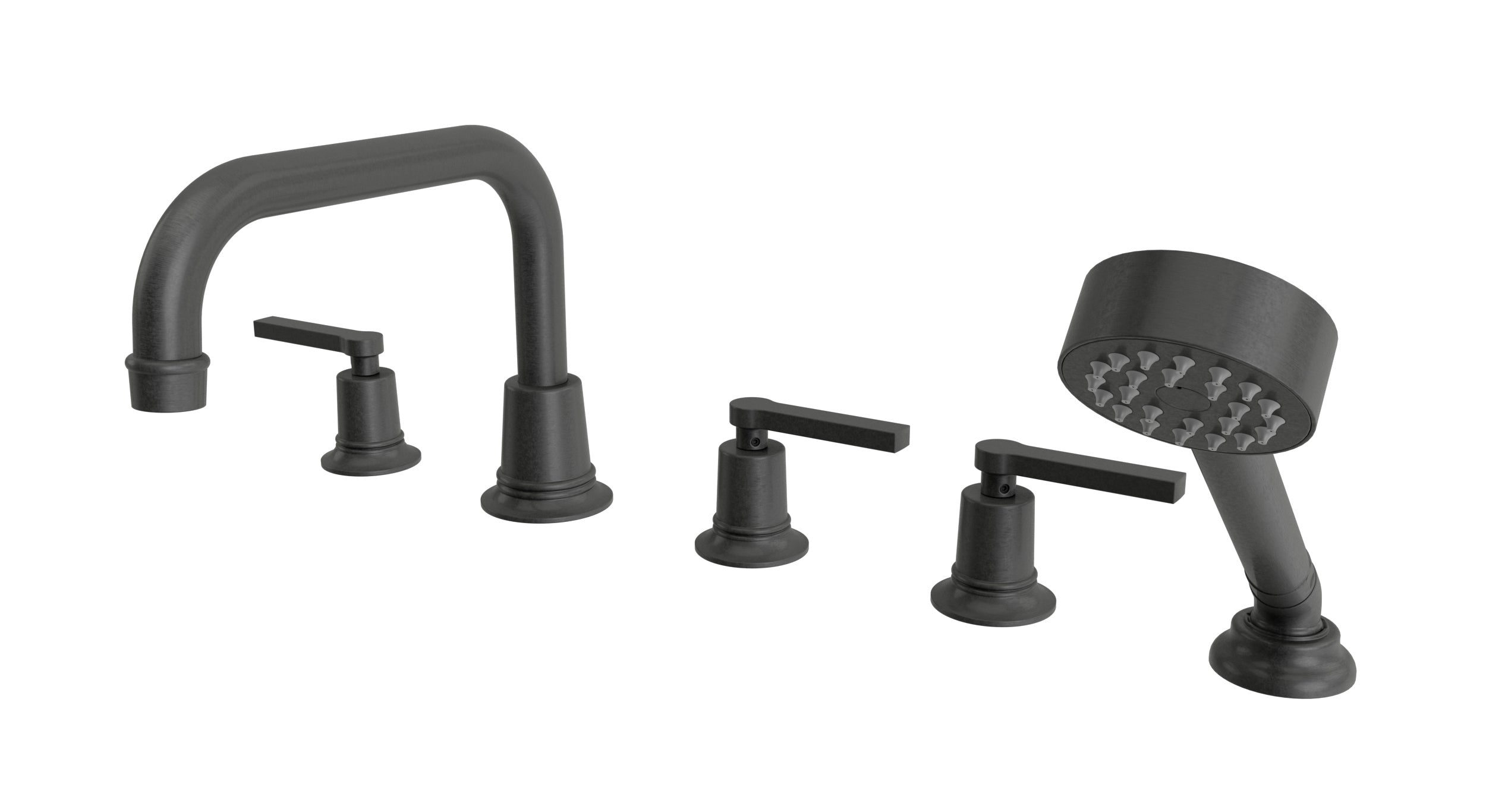 Emerson Three Handle Deck Mount Squaretop Bath Trim with Hand Shower and Classic Lever Handles in Blackened Nickel