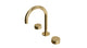 Foundry Two Handle Deck Mount Gooseneck Lavatory Faucet with Barrel Knob Handles in Polished Brass