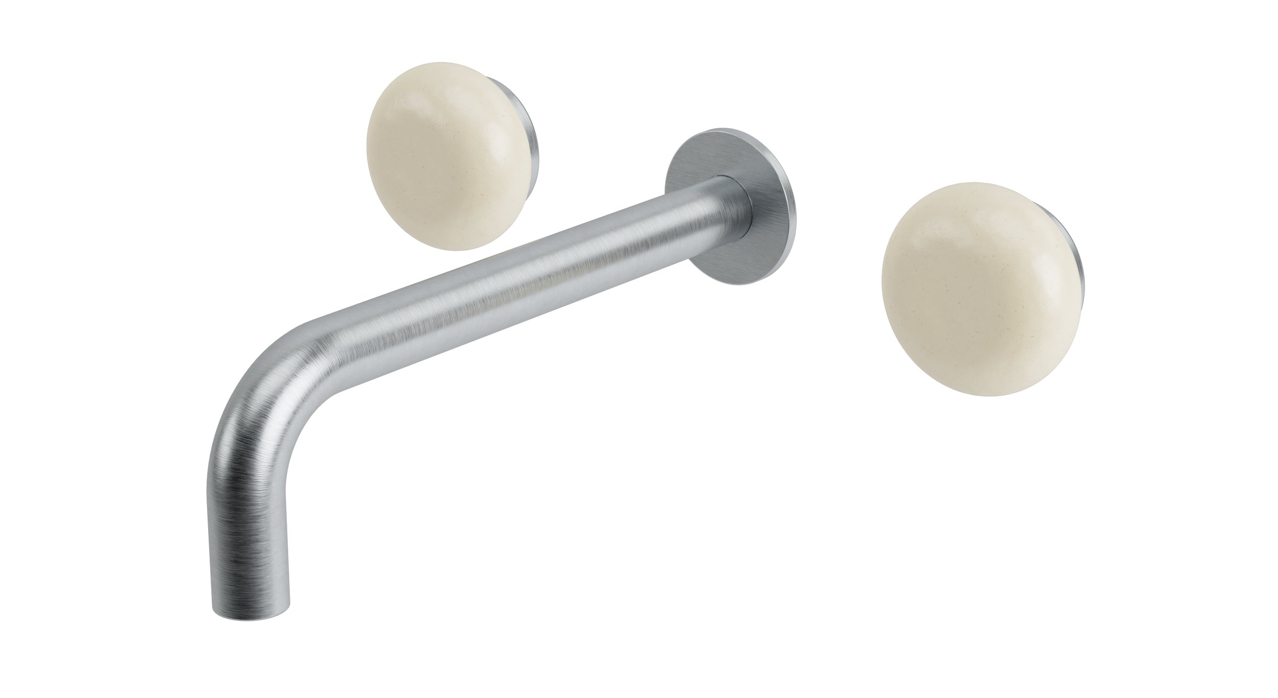 Foundry Two Handle Wall Mount 7.5" Lavatory Faucet with Pebble Ceramic Knob Handles in Satin Chrome