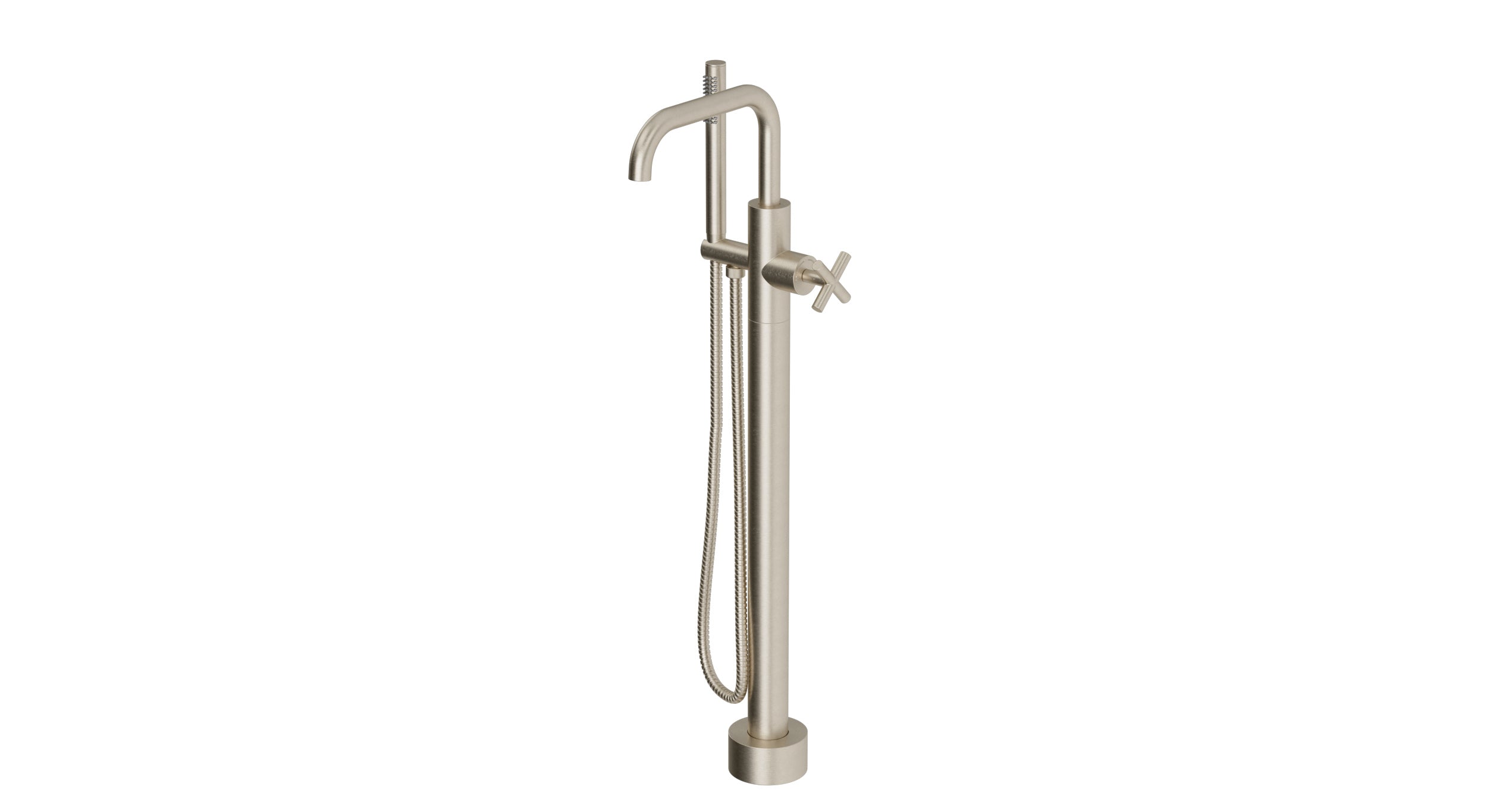 Contour One Handle Floor Mount Squaretop Bath Trim with Hand Shower and Soft Cross Handle in Satin Nickel