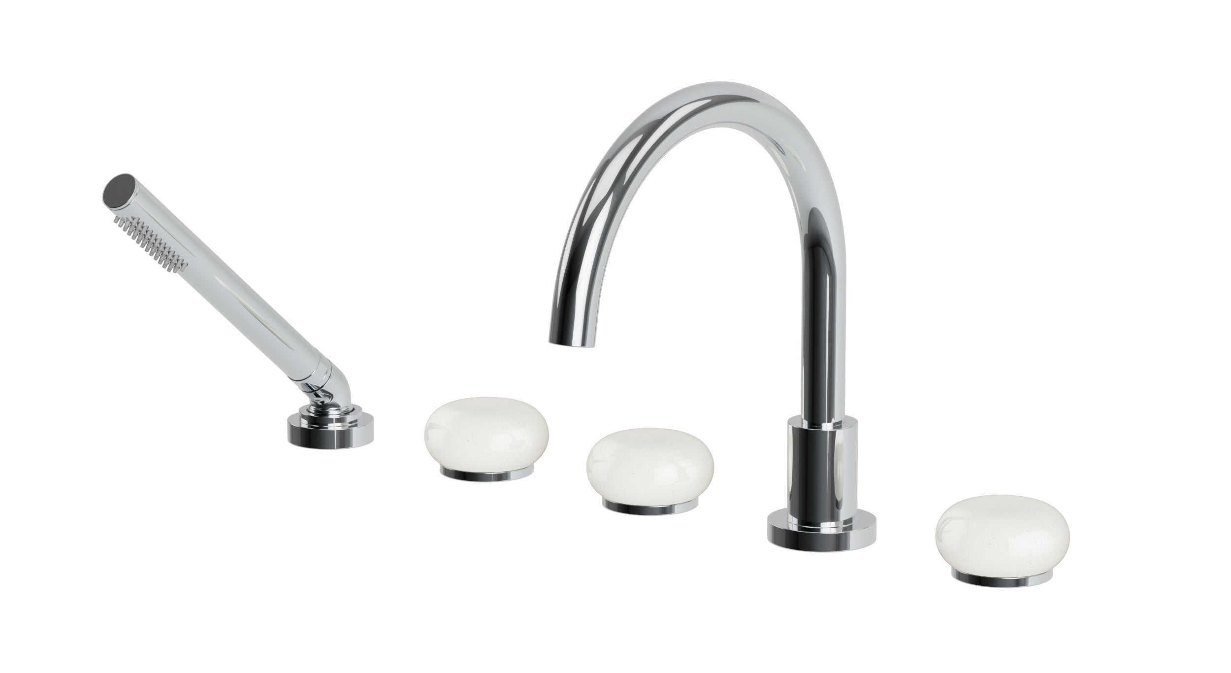 Foundry Three Handle Deck Mount Gooseneck Bath Trim with Hand Shower and Pebble Ceramic Knob Handles in Polished Chrome