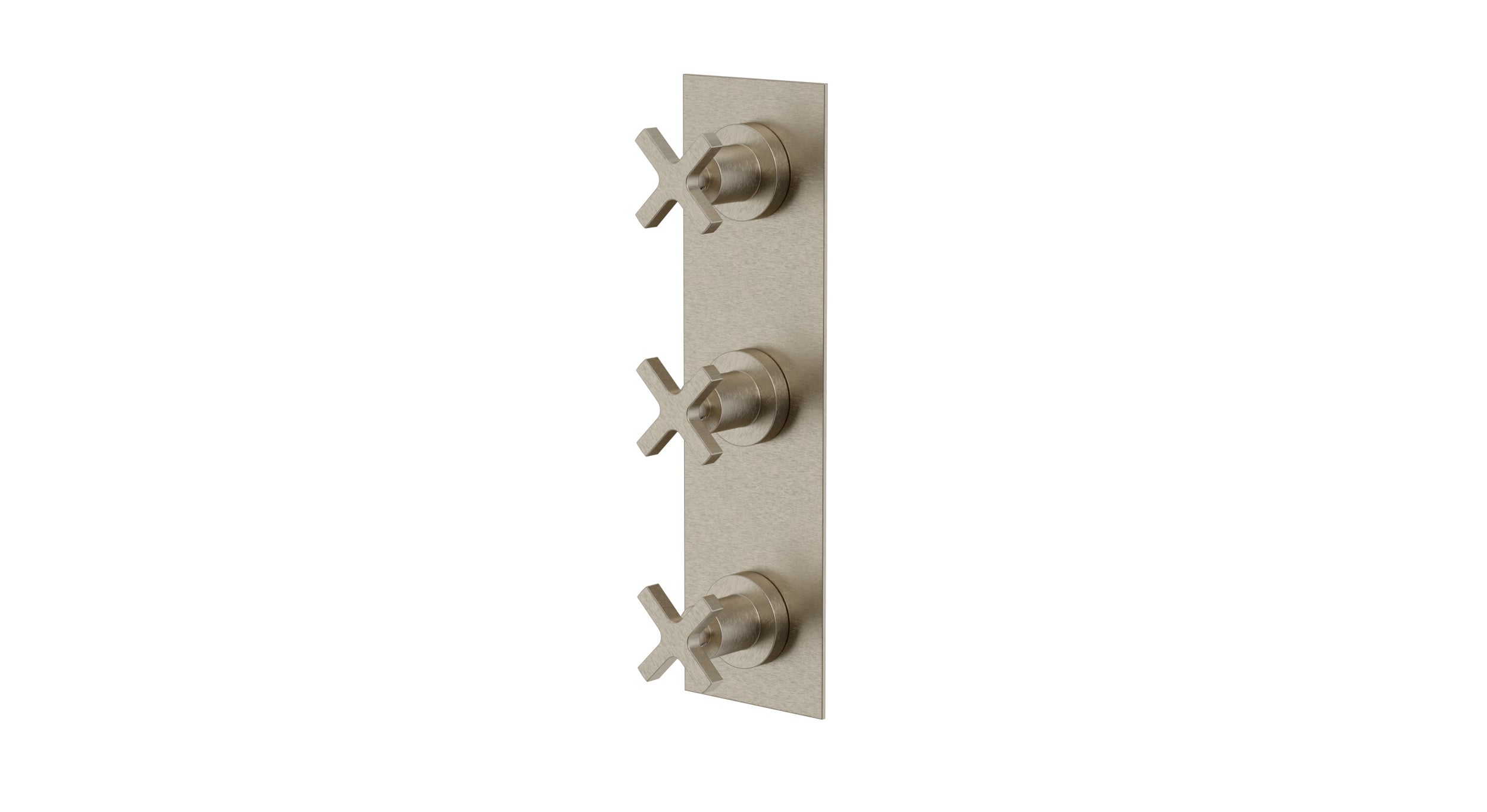 Flatiron Three Handle Wall Mount Shower Trim with Linear Cross Handles in Satin Nickel