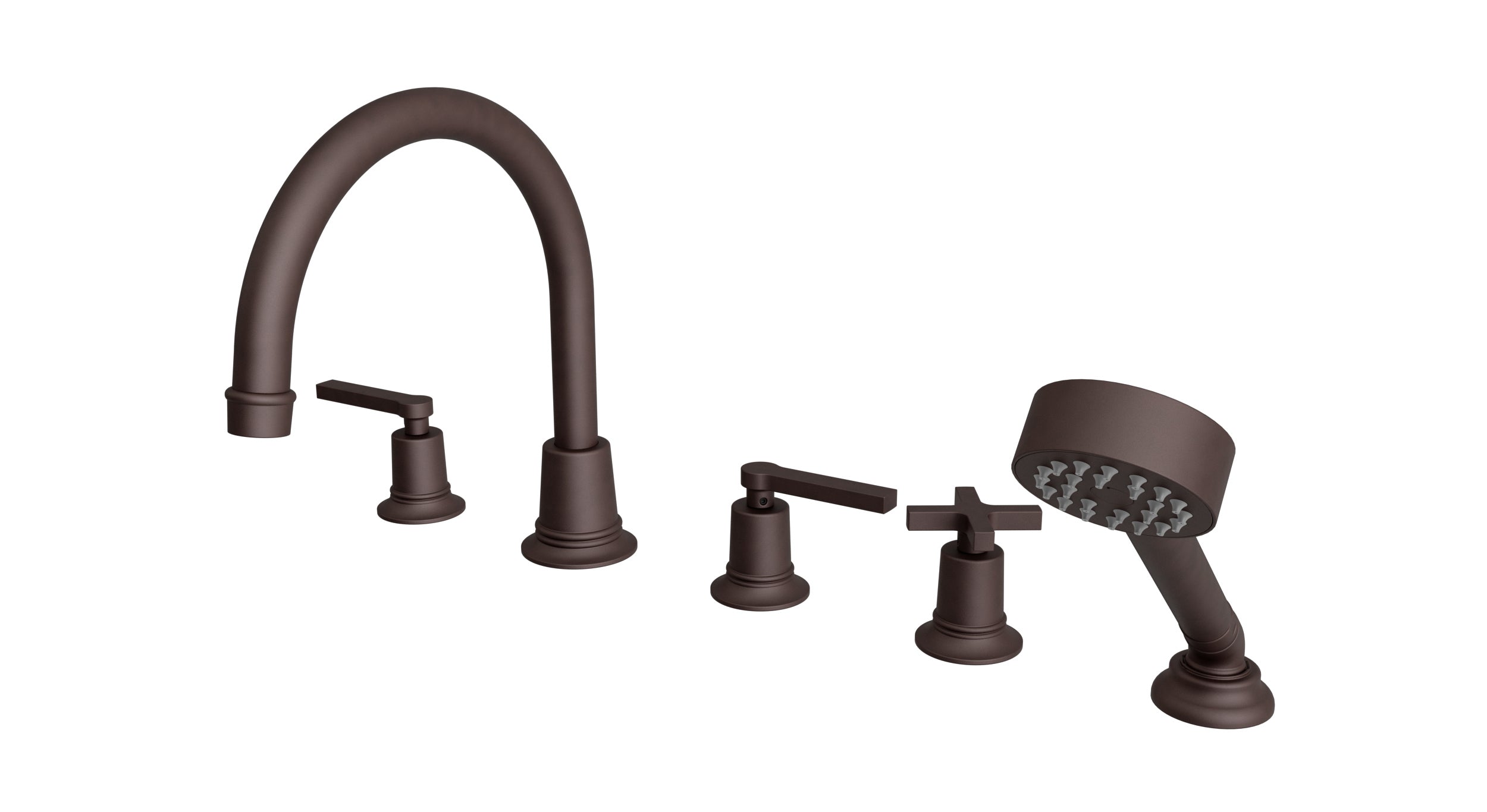 Emerson Three Handle Deck Mount Gooseneck Bath Trim with Hand Shower and Classic Cross/Classic Lever Handles in Architectural Copper