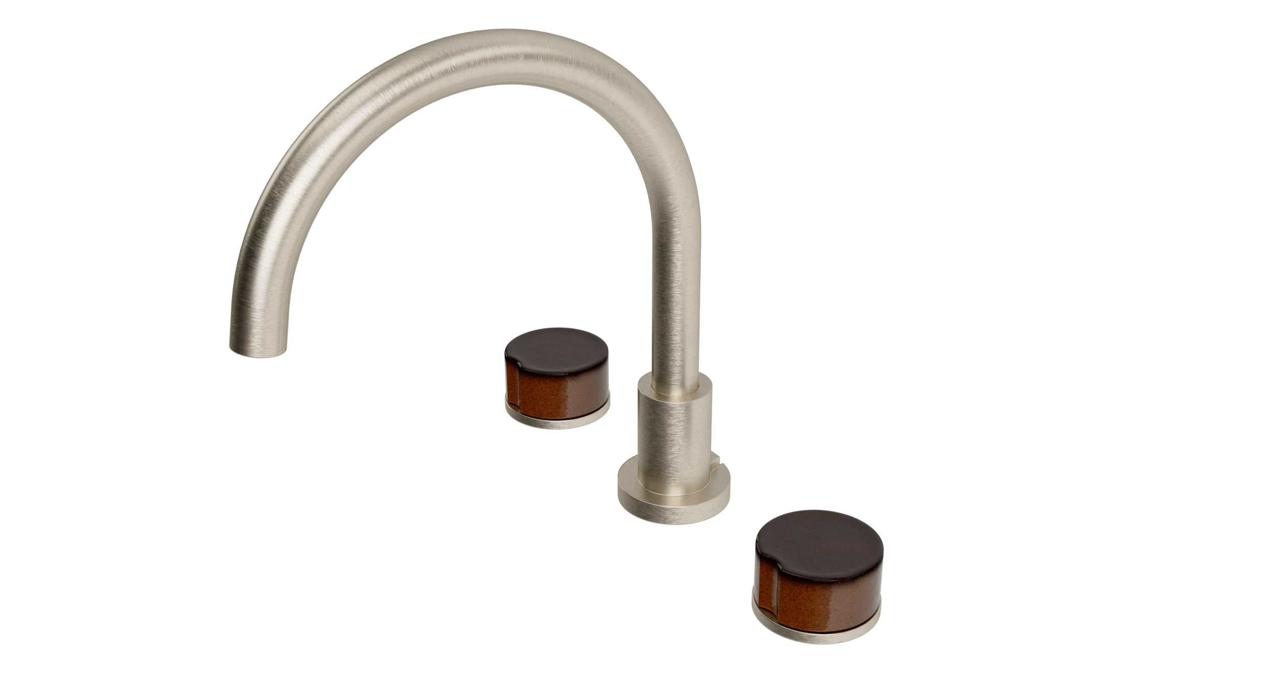 Foundry Two Handle Deck Mount Gooseneck Bath Trim with Groove Ceramic Knob Handles in Satin Nickel