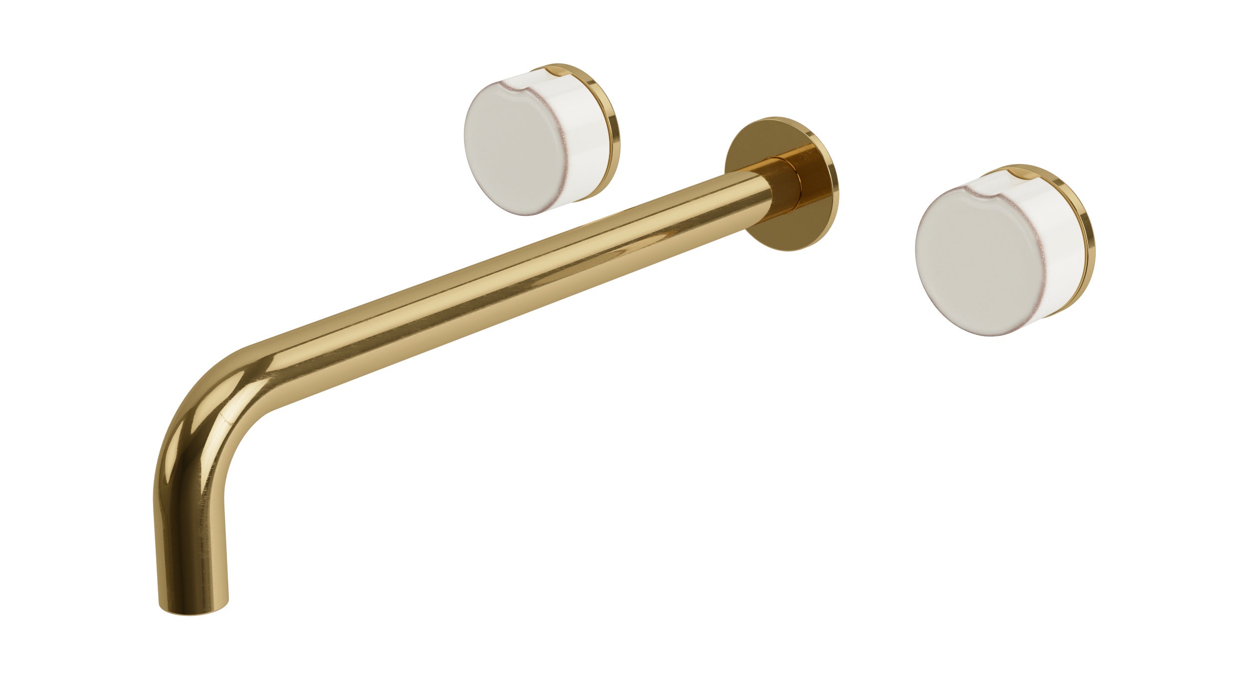 Foundry Two Handle Wall Mount 12" Lavatory Faucet with Groove Ceramic Knob Handles in Uncoated Polished Brass