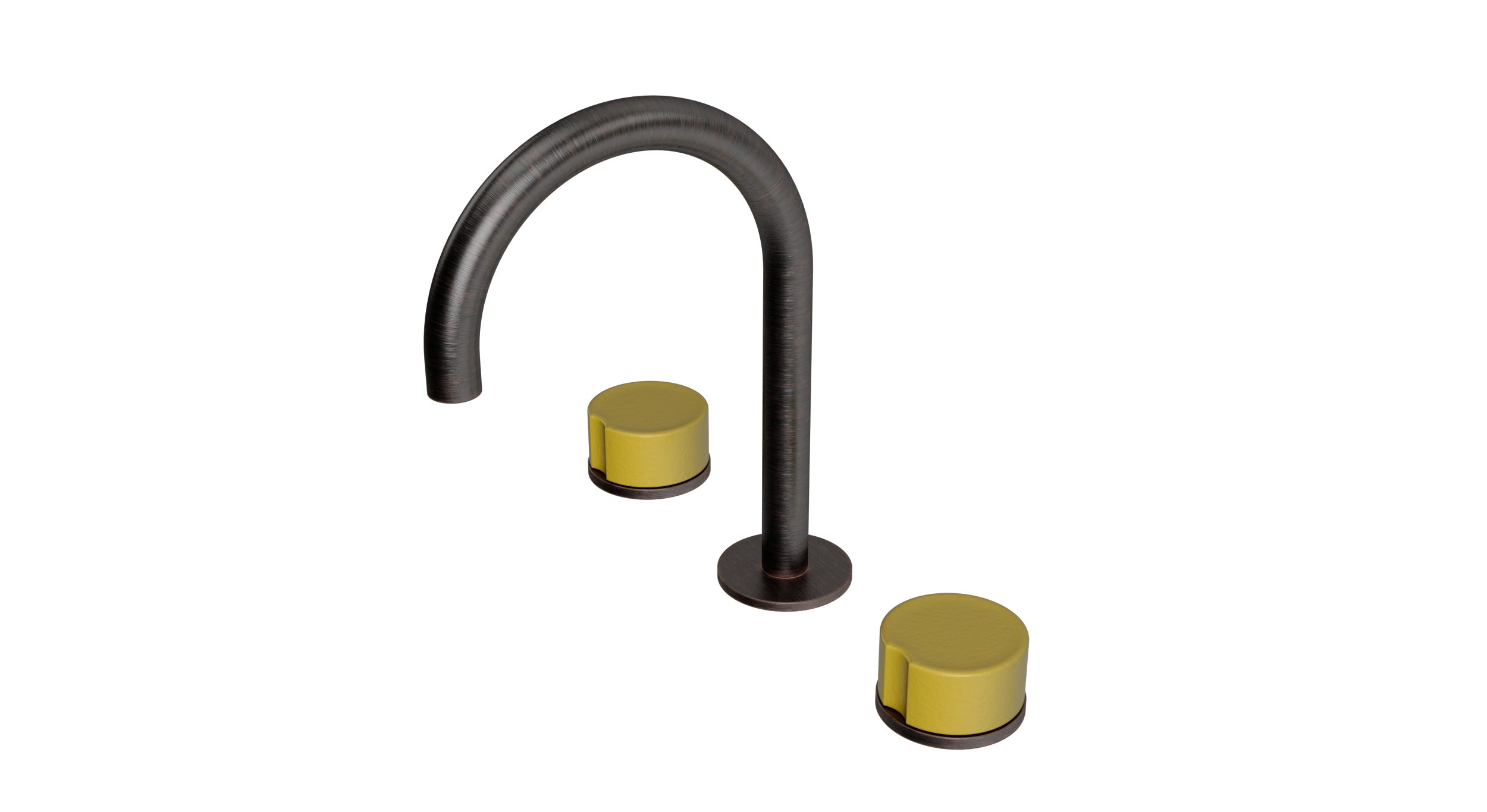 Foundry Two Handle Deck Mount Gooseneck Lavatory Faucet with Groove Ceramic Knob Handles in Antique Bronze