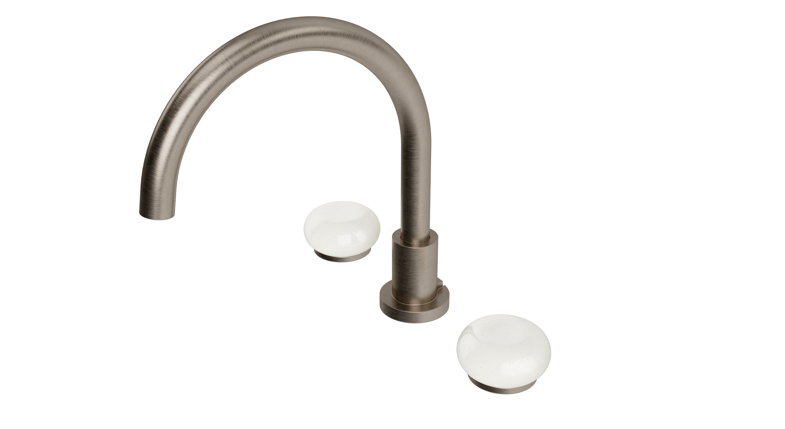 Foundry Two Handle Deck Mount Gooseneck Bath Trim with Pebble Ceramic Knob Handles in Antique Nickel