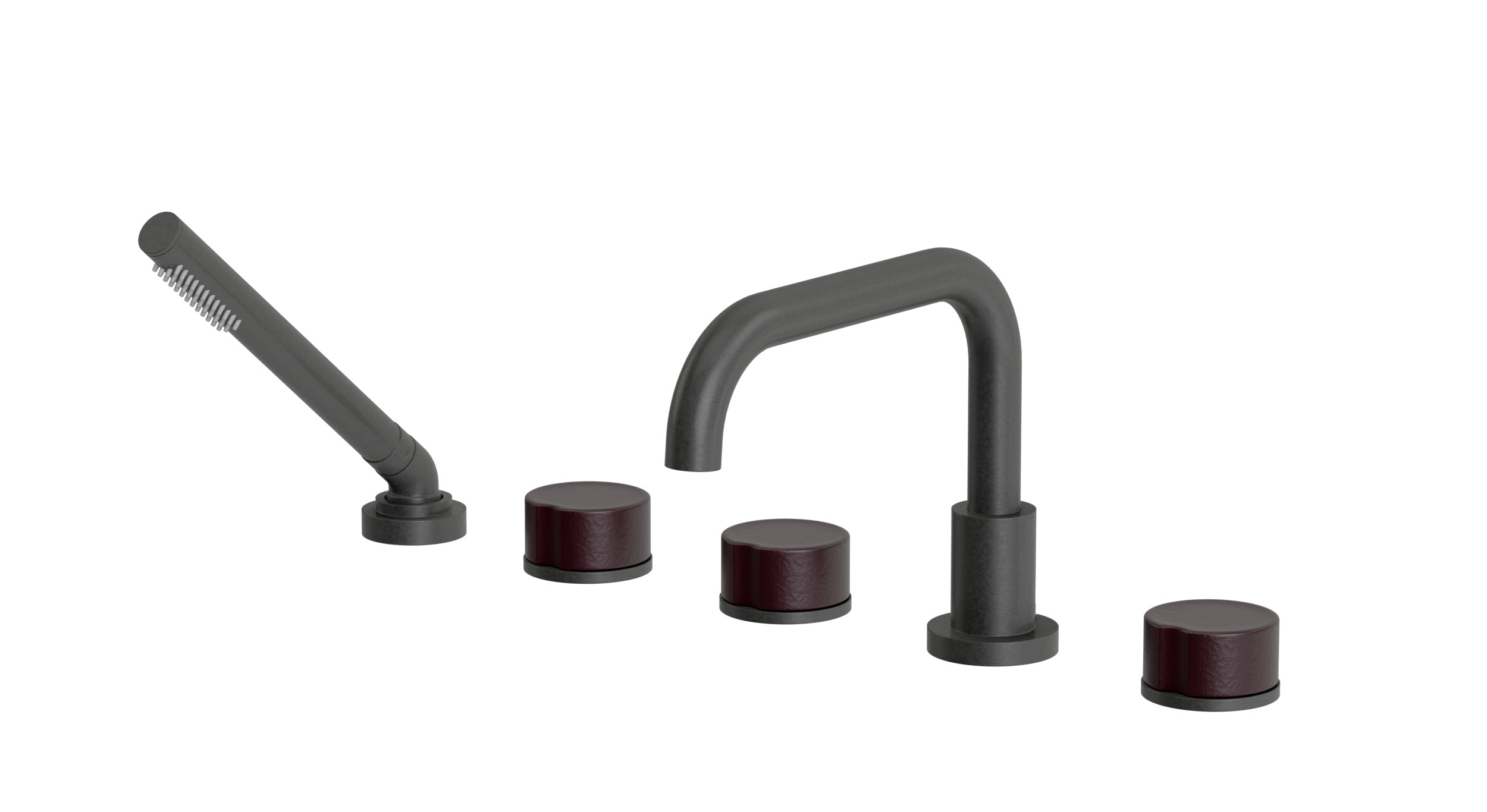 Foundry Three Handle Deck Mount Squaretop Bath Trim with Hand Shower and Groove Ceramic Knob Handles in Blackened Nickel