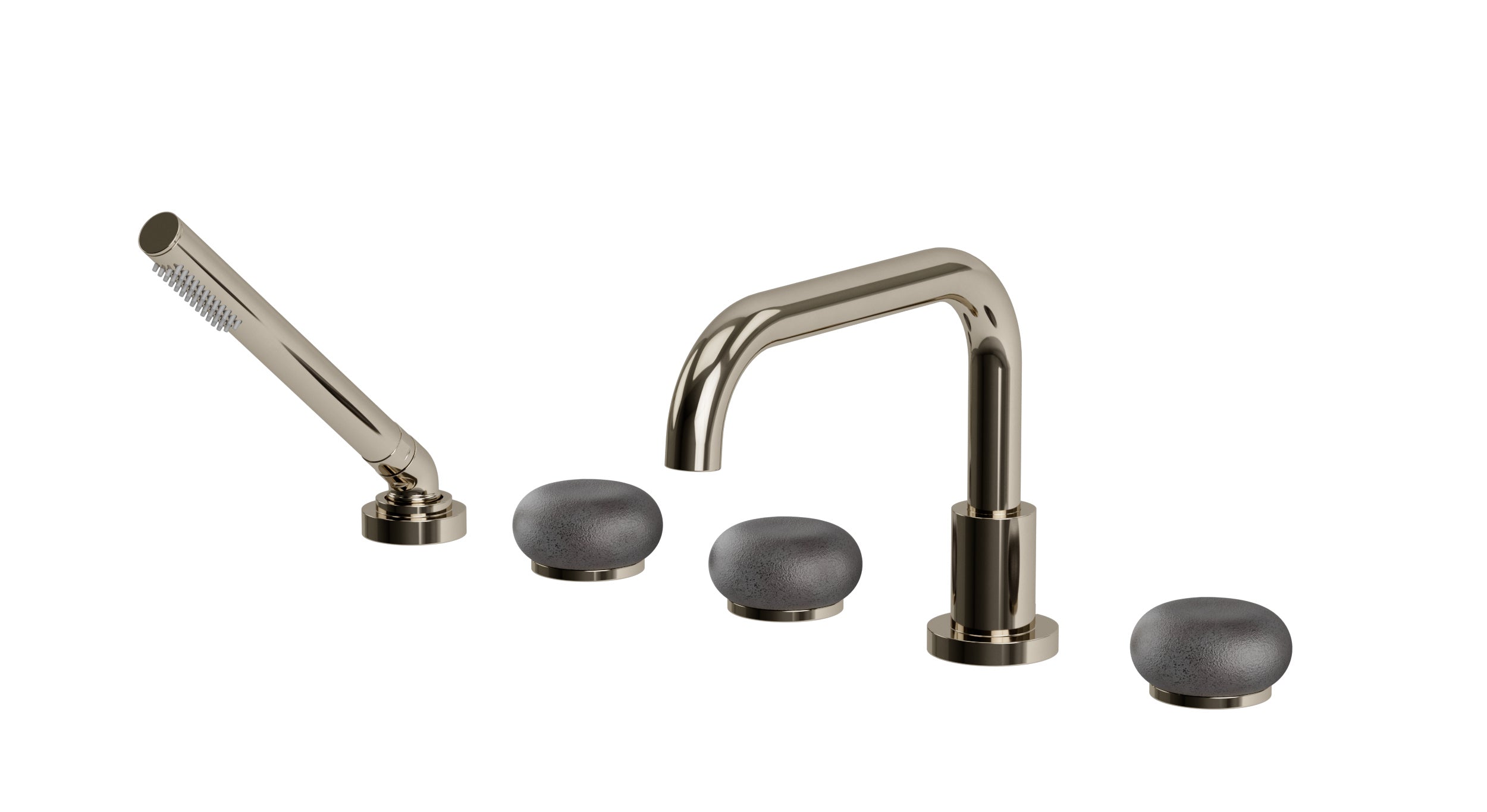Foundry Three Handle Deck Mount Squaretop Bath Trim with Hand Shower and Pebble Ceramic Knob Handles in Polished Nickel