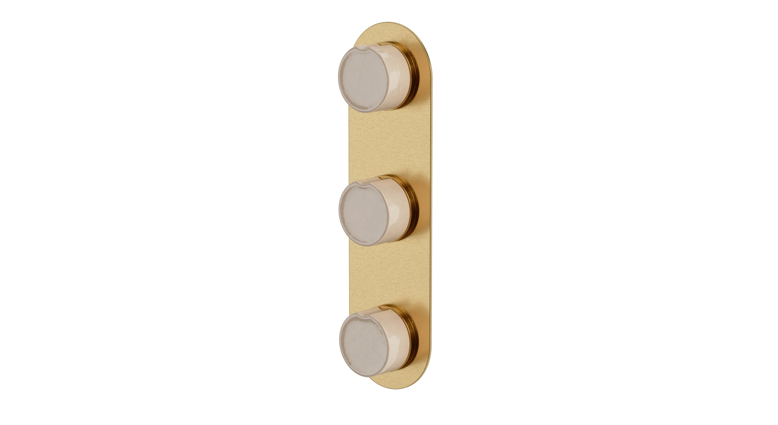 Foundry Three Handle Wall Mount Shower Trim with Groove Ceramic Knob Handles in Satin Brass