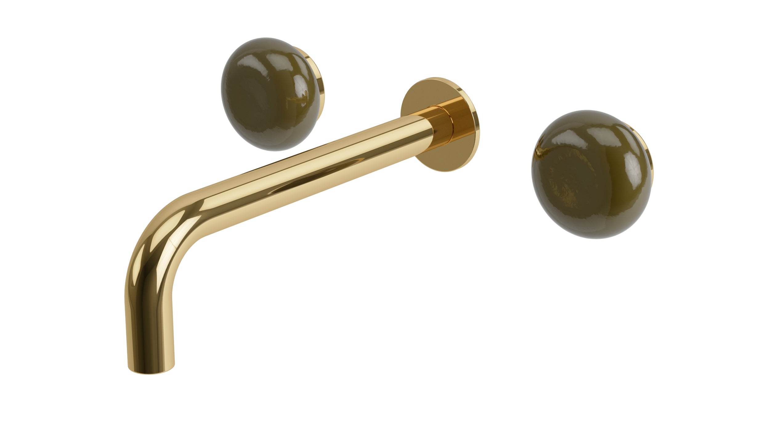 Foundry Two Handle Wall Mount 7.5" Lavatory Faucet with Pebble Ceramic Knob Handles in Polished Brass