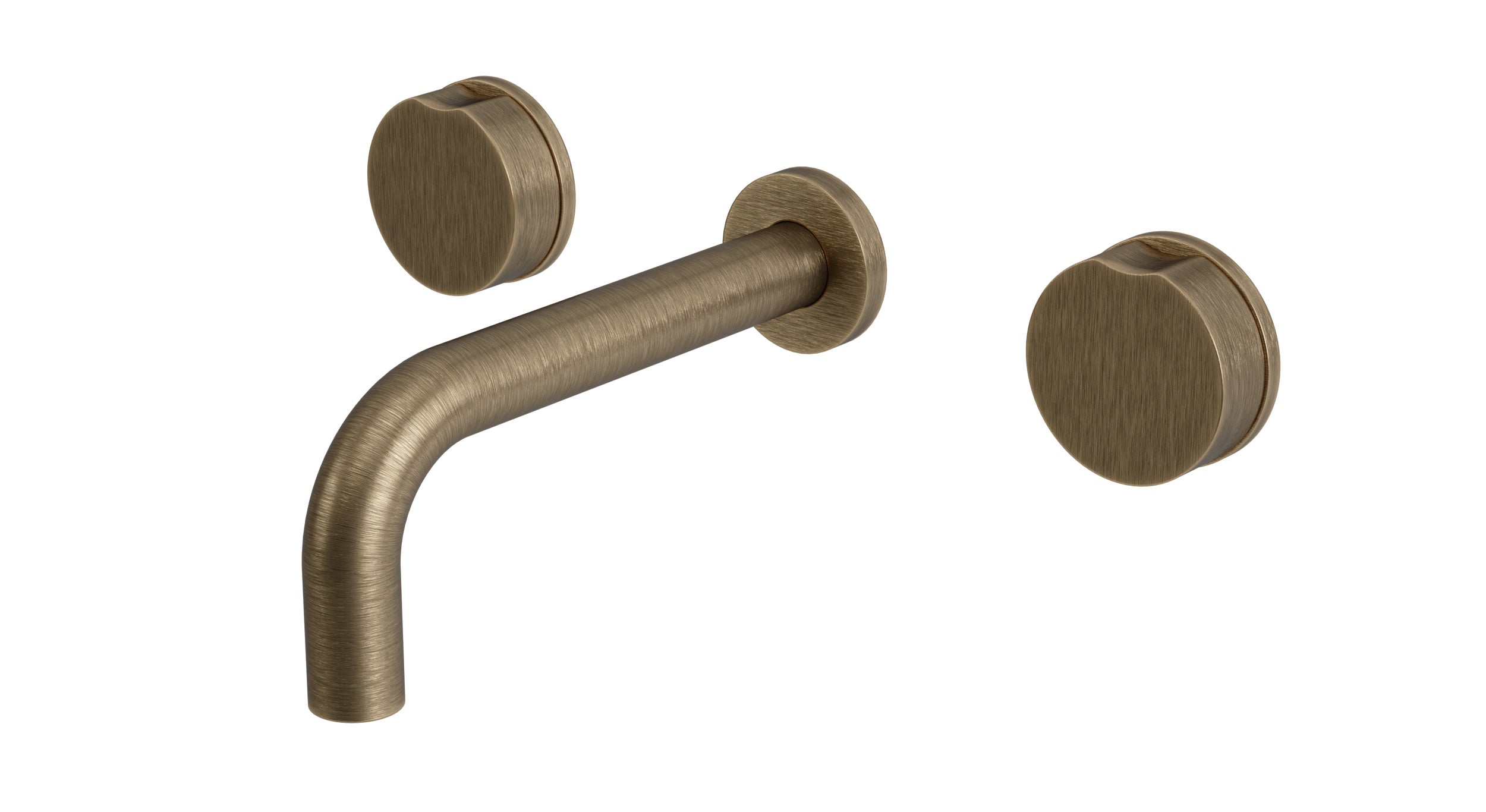Foundry Two Handle Wall Mount 7.5" Lavatory Faucet with Barrel Knob Handles in Antique Brass