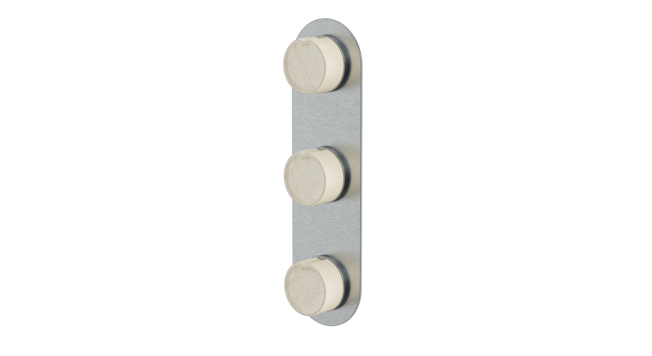 Foundry Three Handle Wall Mount Shower Trim with Groove Ceramic Knob Handles in Satin Chrome