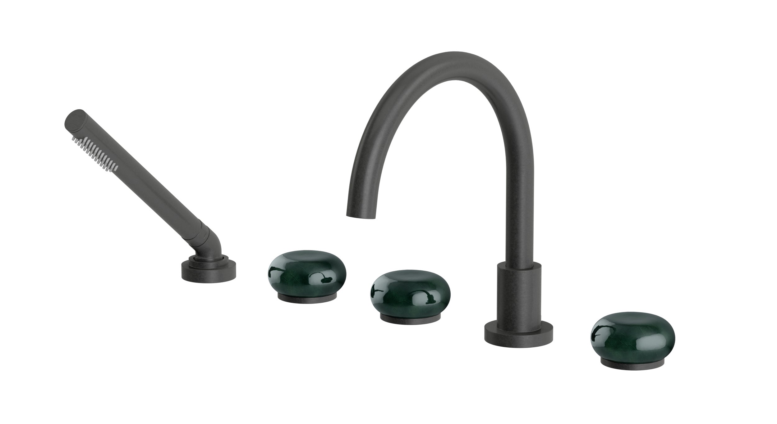 Foundry Three Handle Deck Mount Gooseneck Bath Trim with Hand Shower and Pebble Ceramic Knob Handles in Blackened Nickel