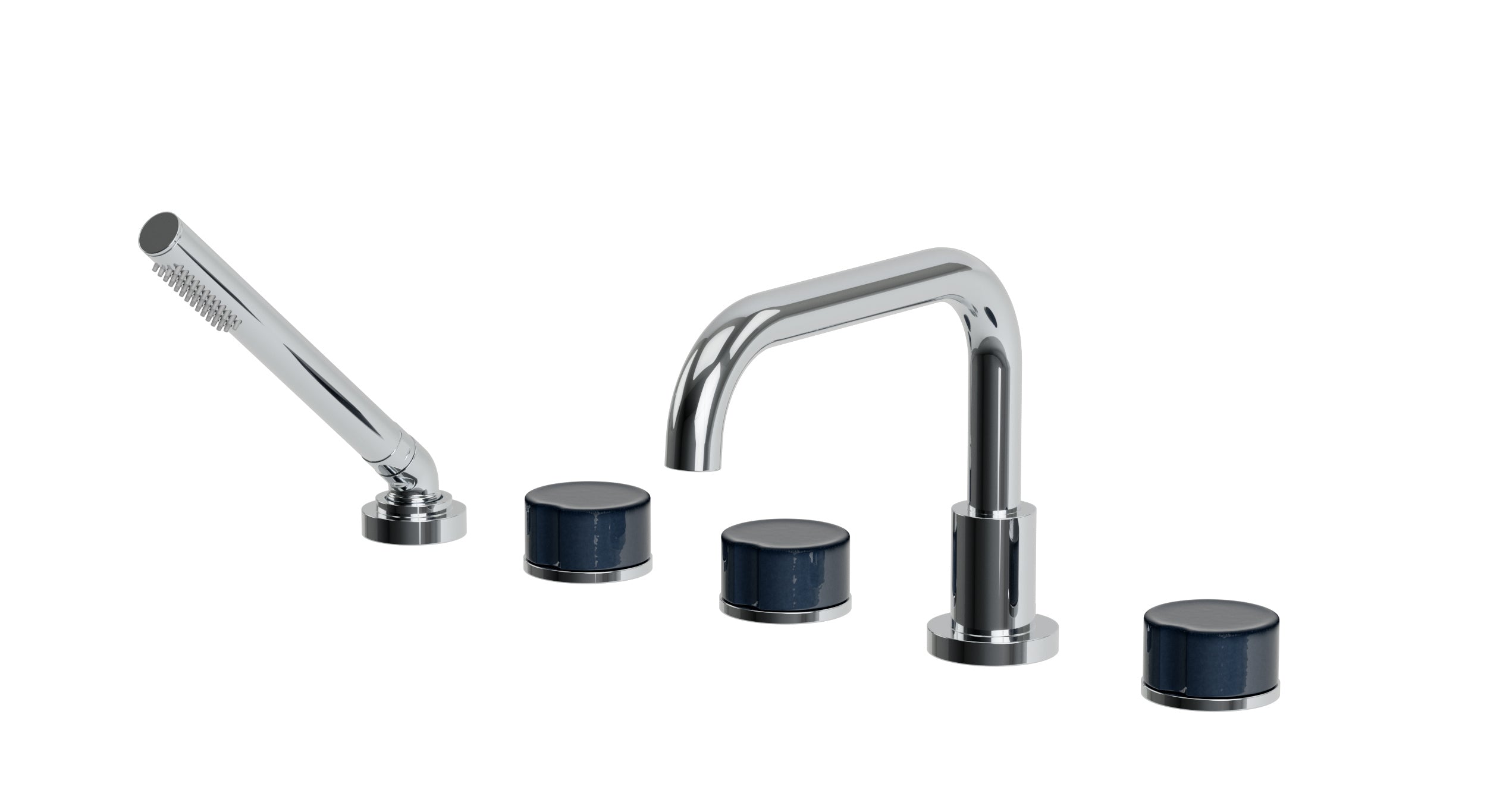 Foundry Three Handle Deck Mount Squaretop Bath Trim with Hand Shower and Groove Ceramic Knob Handles in Polished Chrome