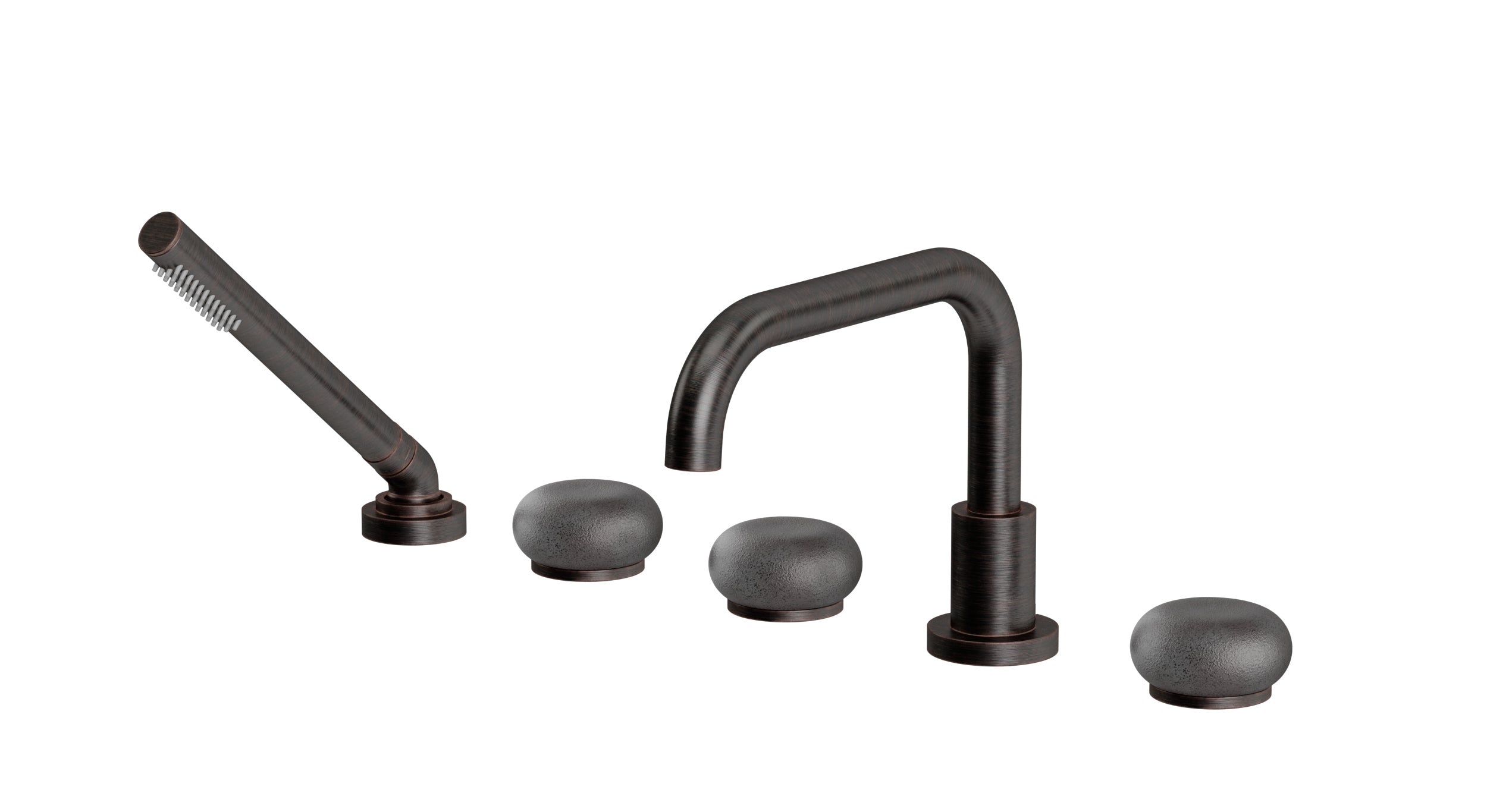 Foundry Three Handle Deck Mount Squaretop Bath Trim with Hand Shower and Pebble Ceramic Knob Handles in Antique Bronze