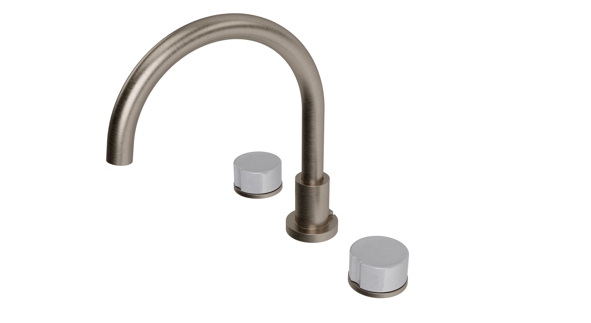 Foundry Two Handle Deck Mount Gooseneck Bath Trim with Groove Ceramic Knob Handles in Antique Nickel