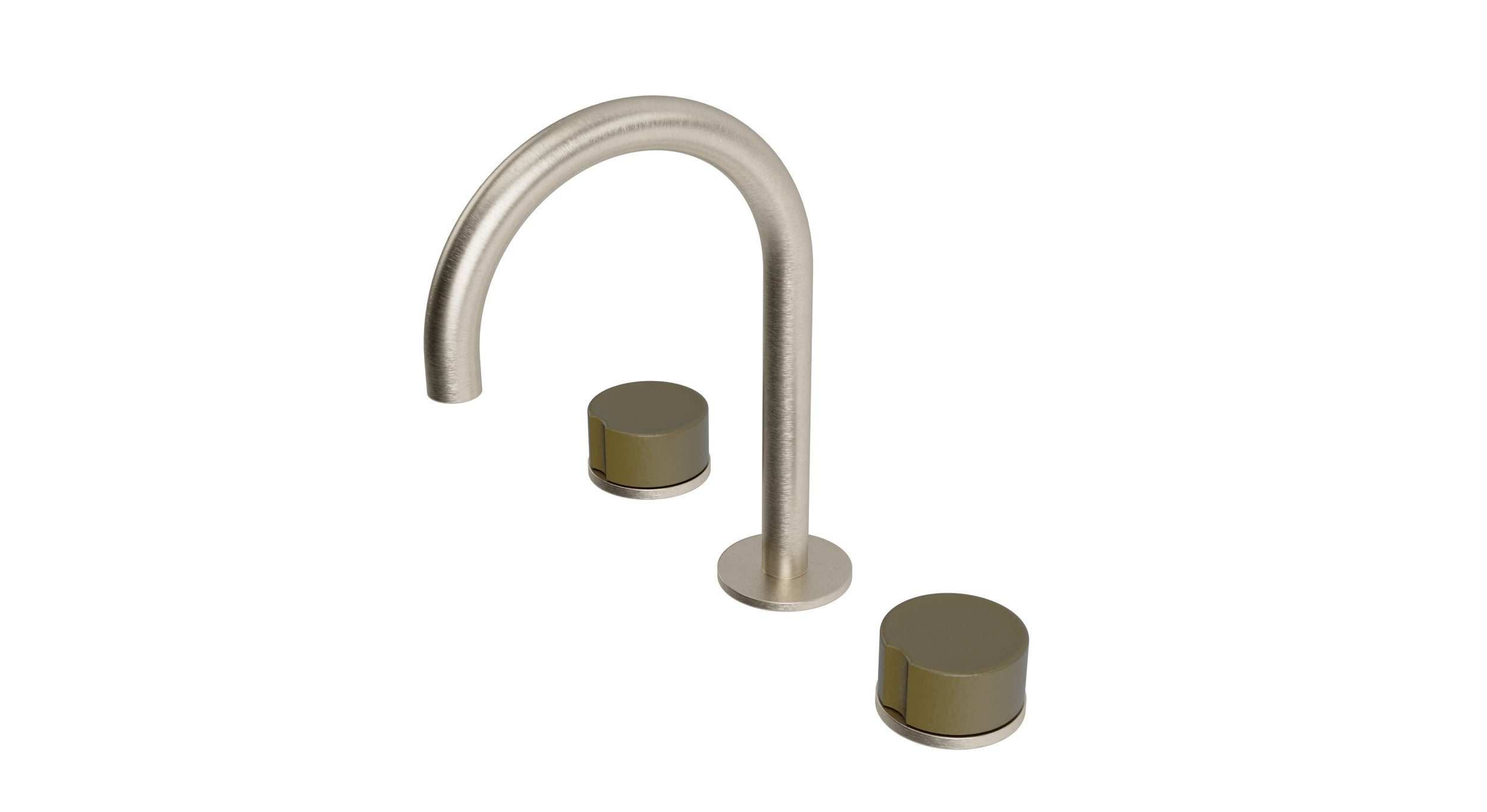 Foundry Two Handle Deck Mount Gooseneck Lavatory Faucet with Groove Ceramic Knob Handles in Satin Nickel