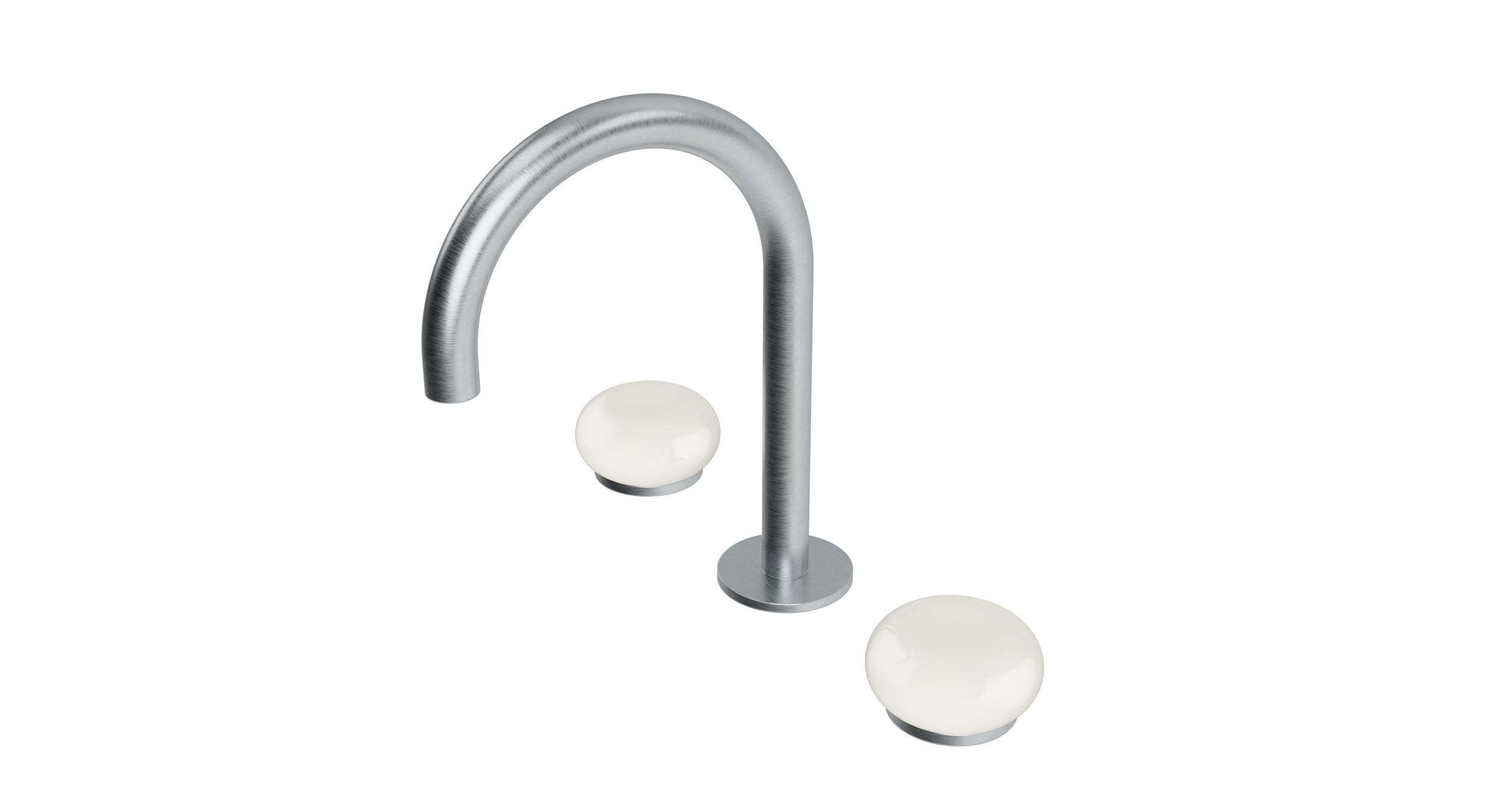 Foundry Two Handle Deck Mount Gooseneck Lavatory Faucet with Pebble Ceramic Knob Handles in Satin Chrome