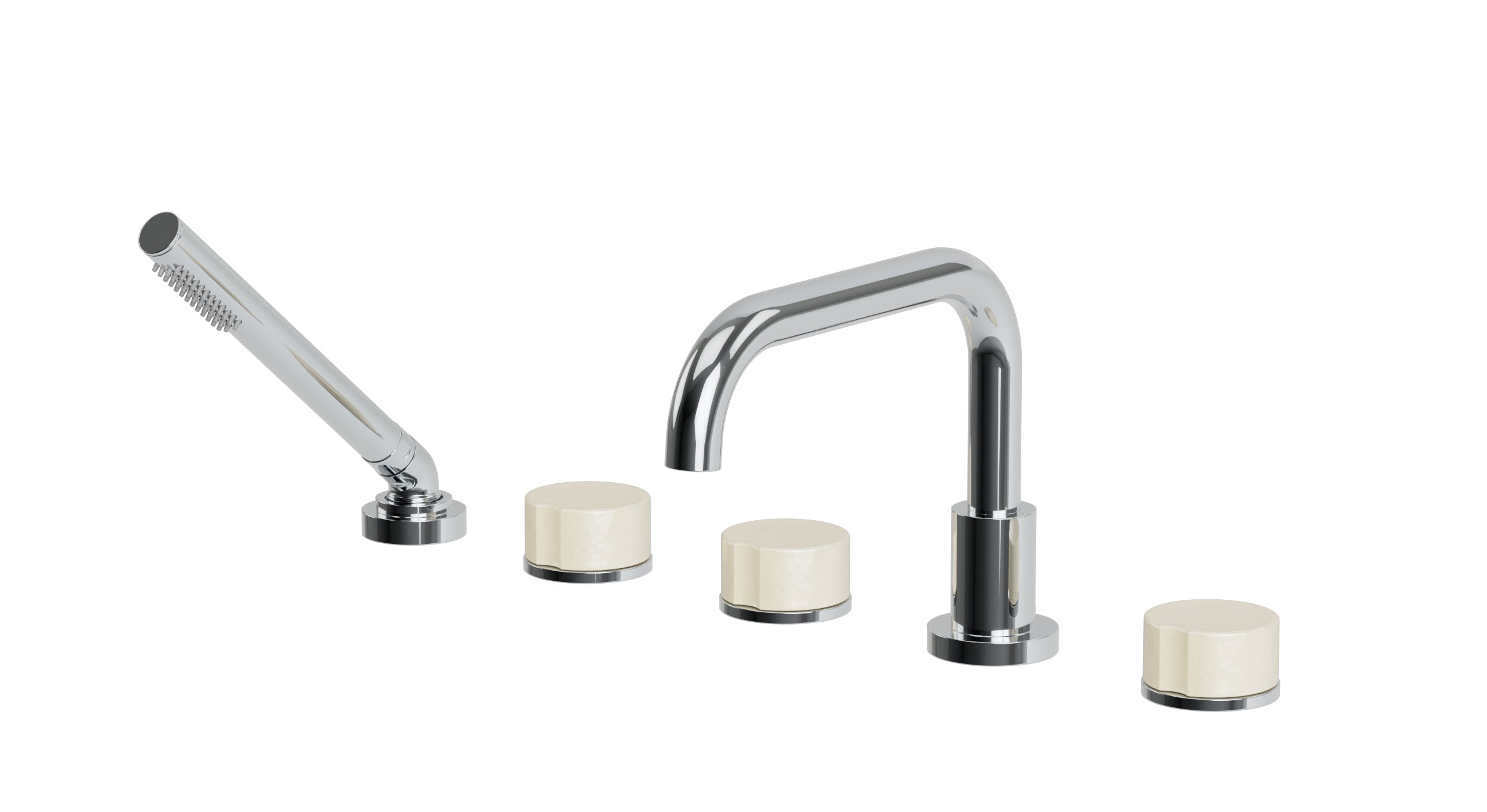 Foundry Three Handle Deck Mount Squaretop Bath Trim with Hand Shower and Groove Ceramic Knob Handles in Polished Chrome