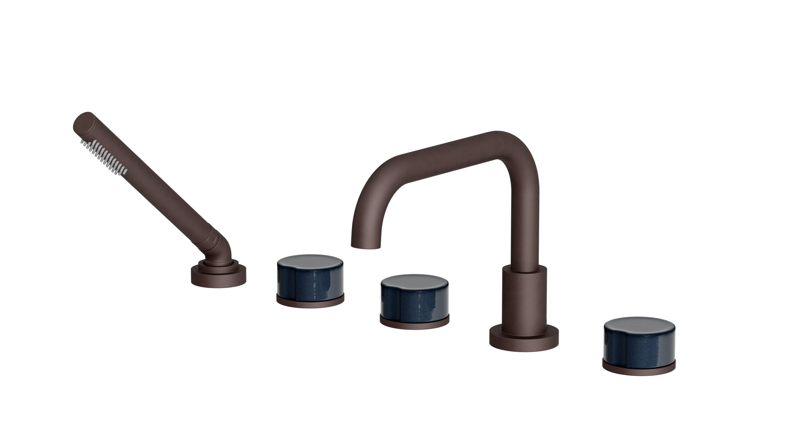 Foundry Three Handle Deck Mount Squaretop Bath Trim with Hand Shower and Groove Ceramic Knob Handles in Architectural Copper