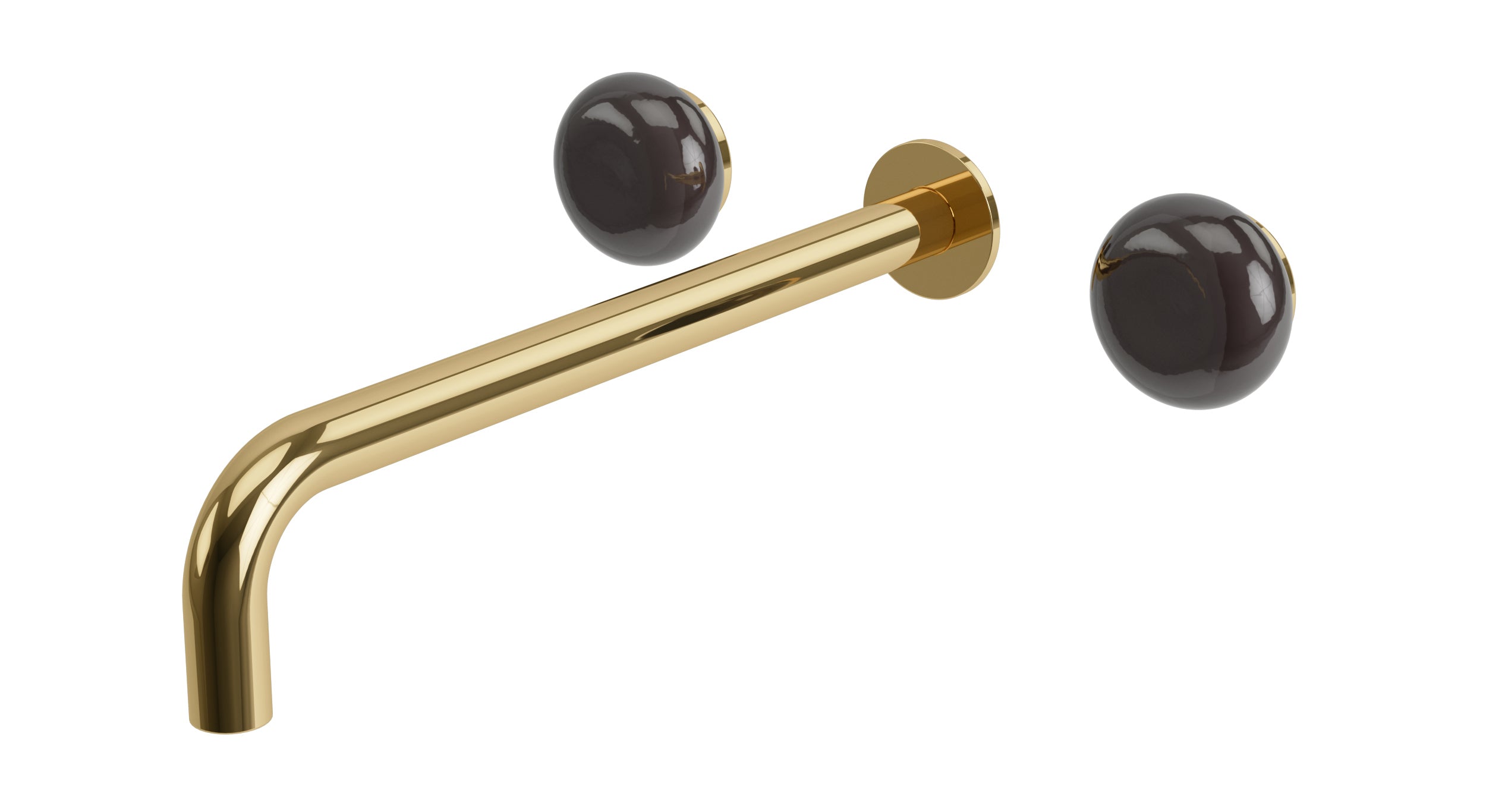 Foundry Two Handle Wall Mount 12" Lavatory Faucet with Pebble Ceramic Knob Handles in Polished Brass