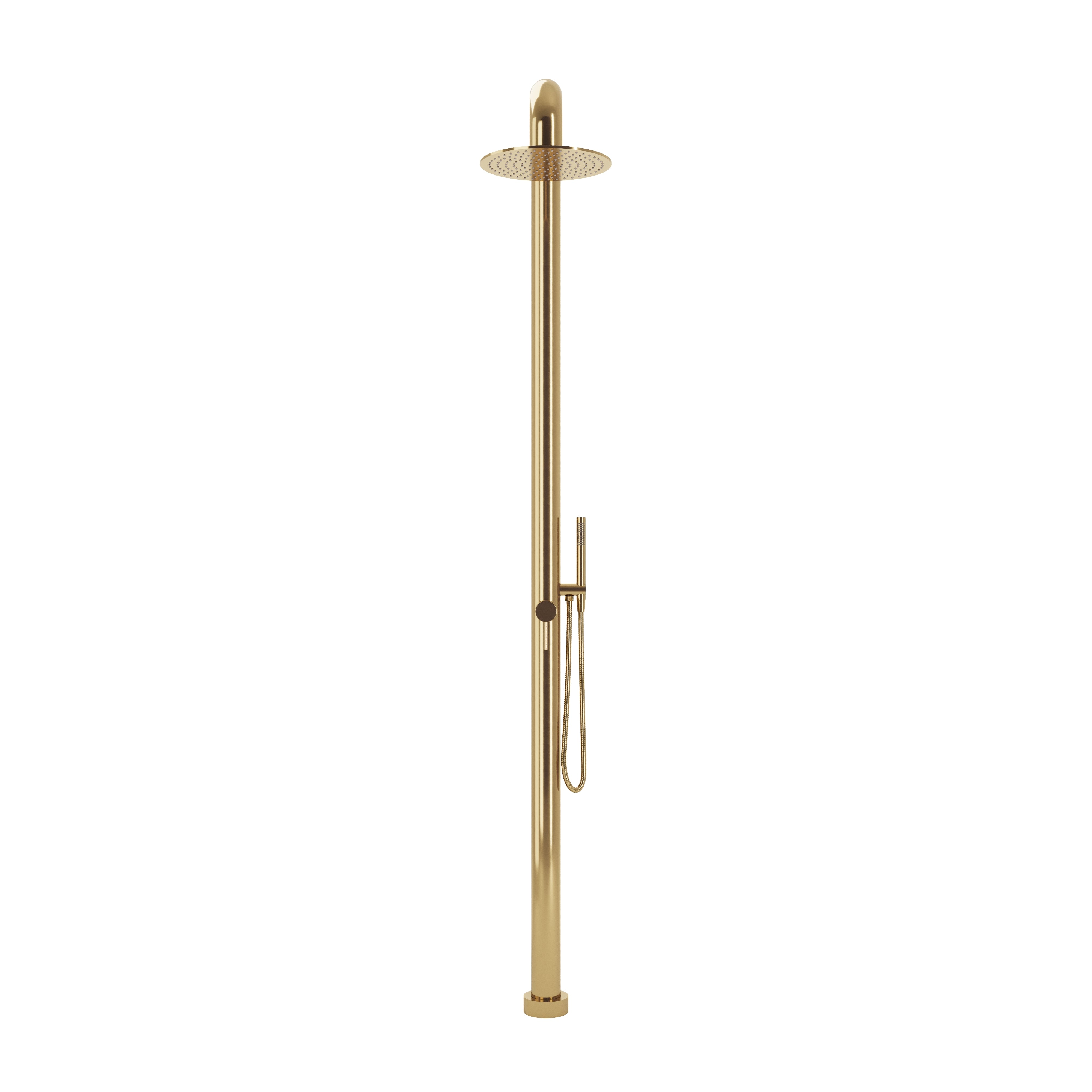 Contour Outdoor Shower Pressure Balance with 12" Rain Head and Hand Shower in Uncoated Polished Brass